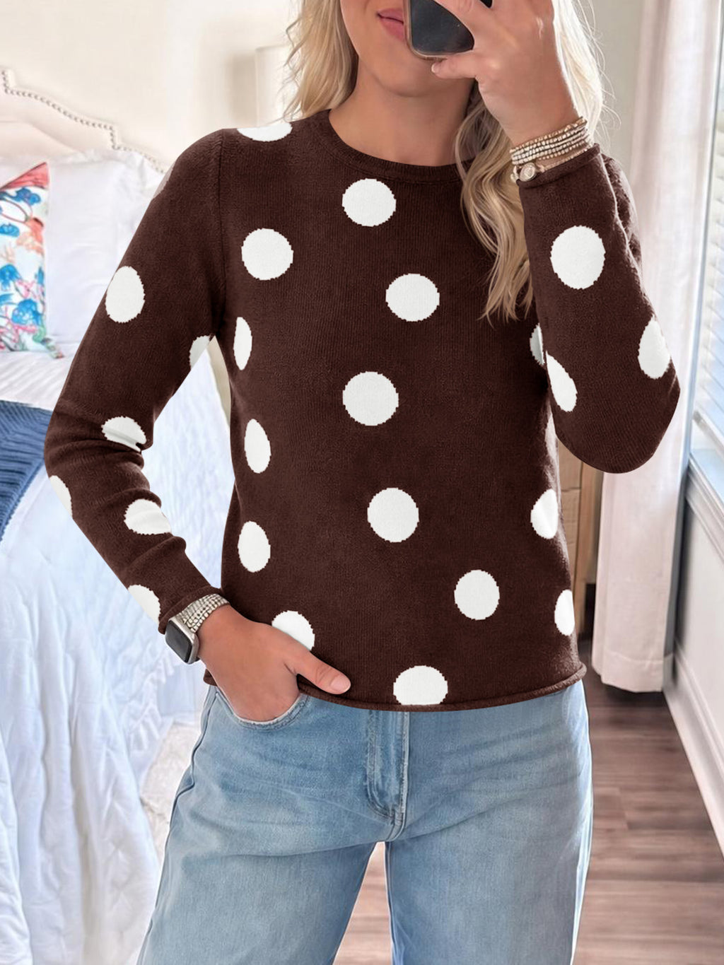 Saodimallsu Womens Polka Dot Long Sleeve Sweater