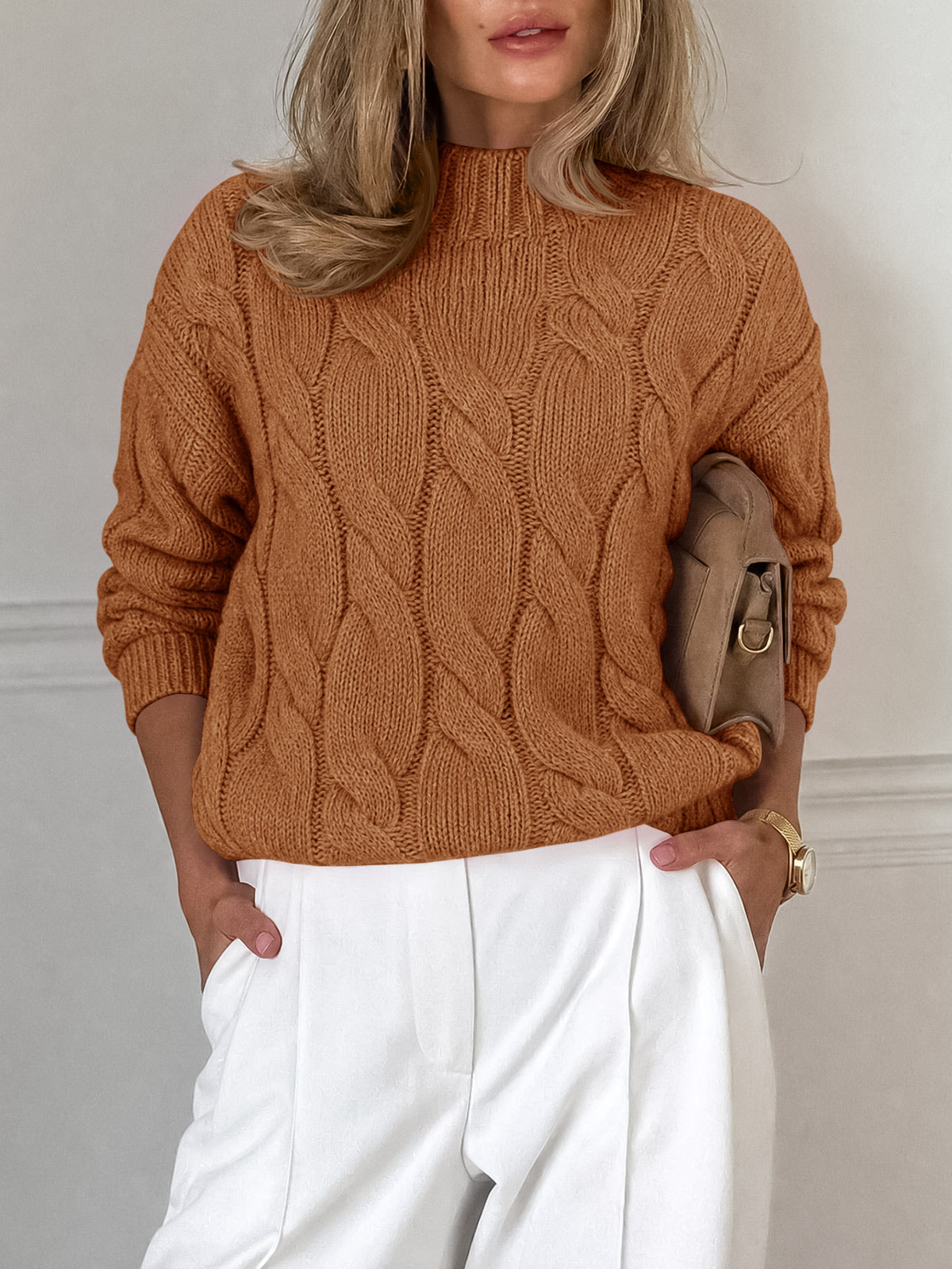 Saodimallsu Womens Mock Neck Cable Knit Sweater