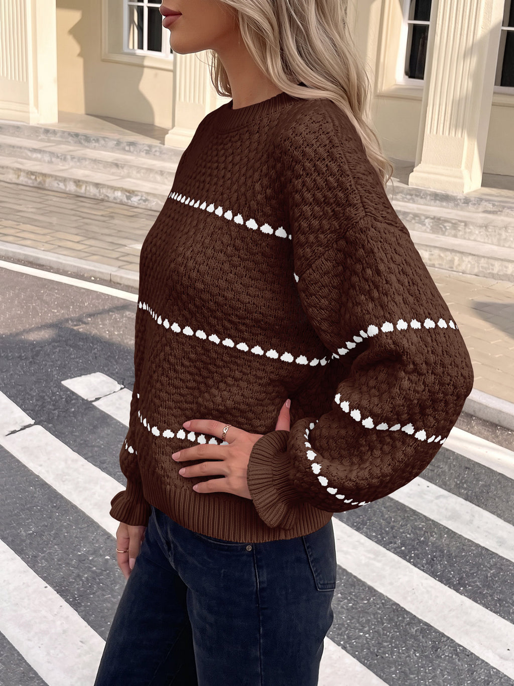Saodimallsu Womens Heart Striped Ruffle Sweaters