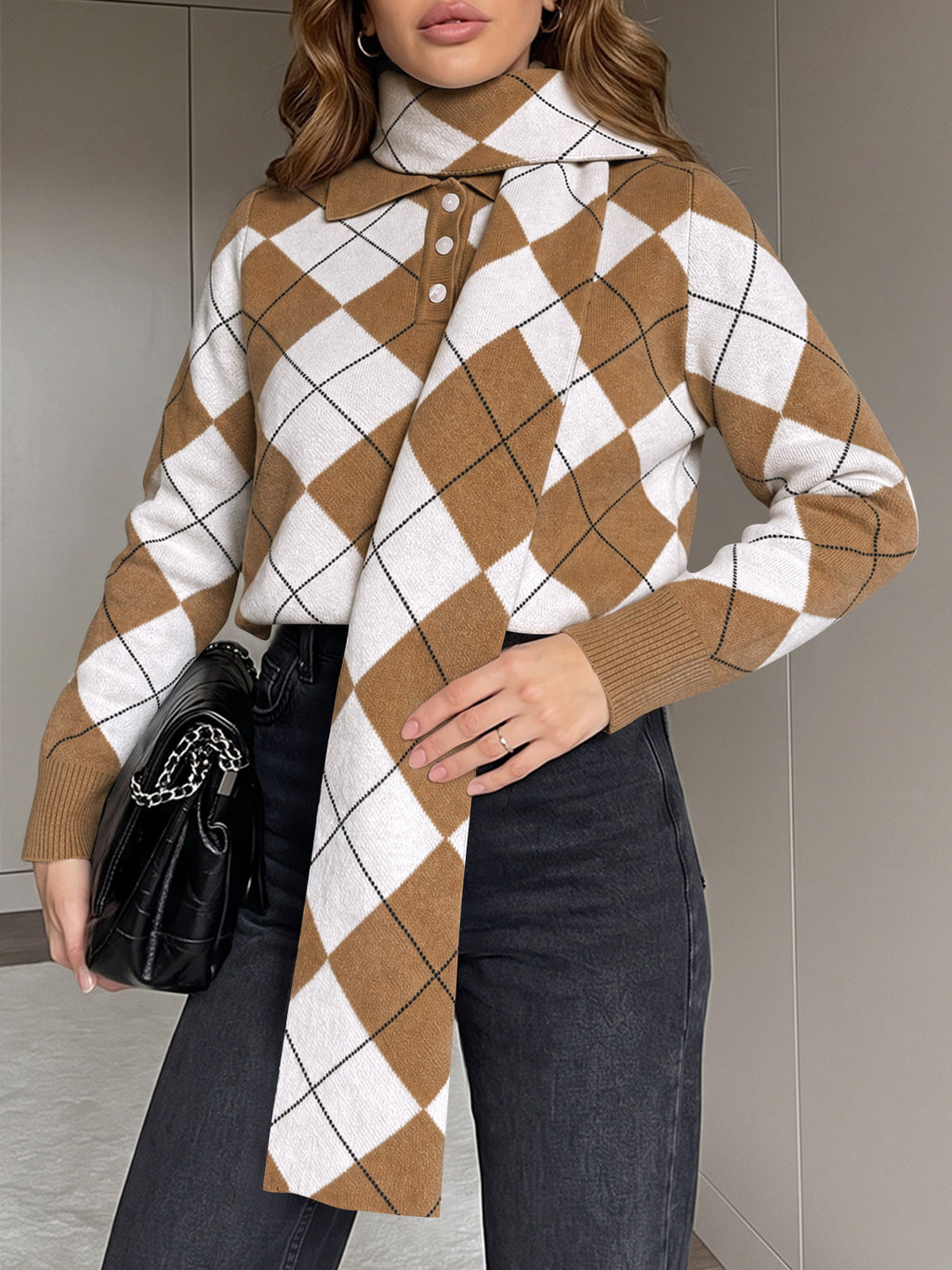 Saodimallsu Womens Argyle Color Block Polo Sweater