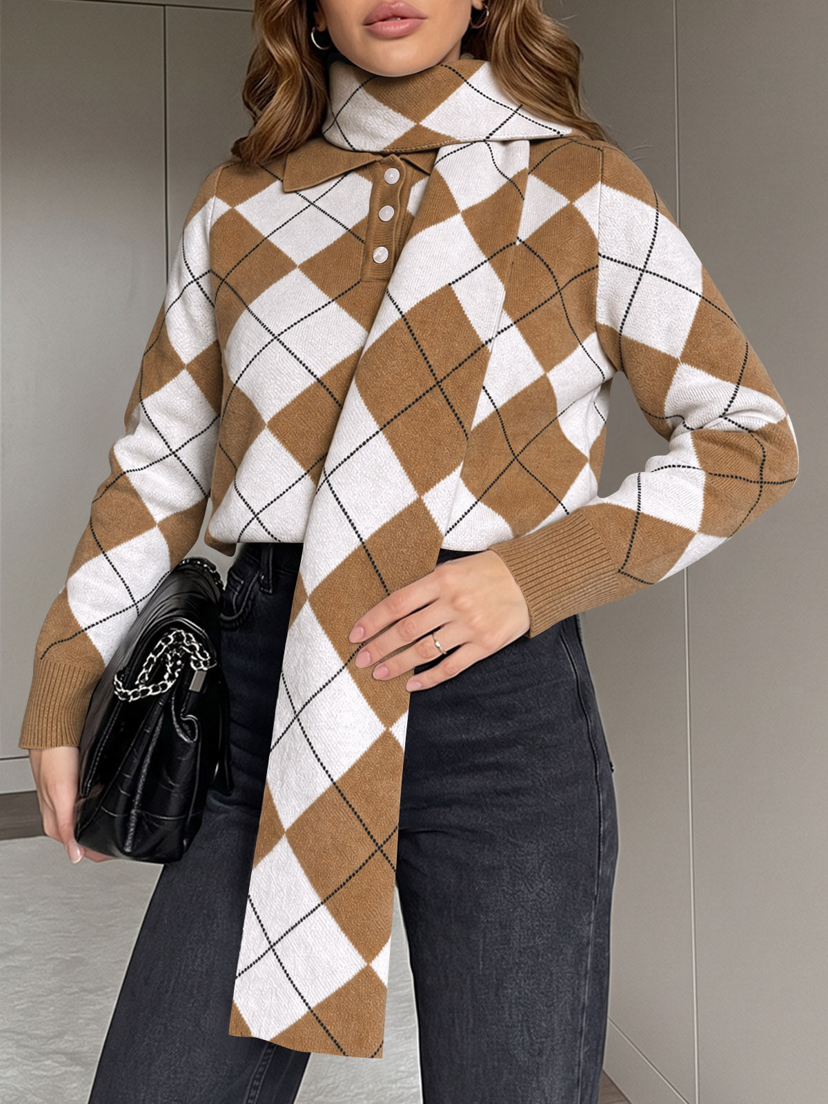 Saodimallsu Womens Argyle Color Block Polo Sweater
