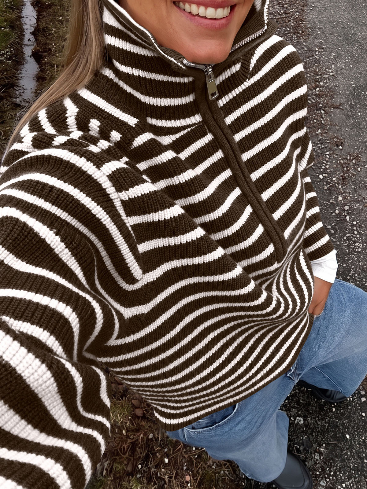 Saodimallsu Womens Striped Half Zip Sweater