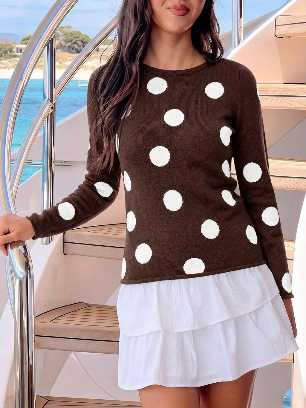 Saodimallsu Womens Polka Dot Long Sleeve Sweater