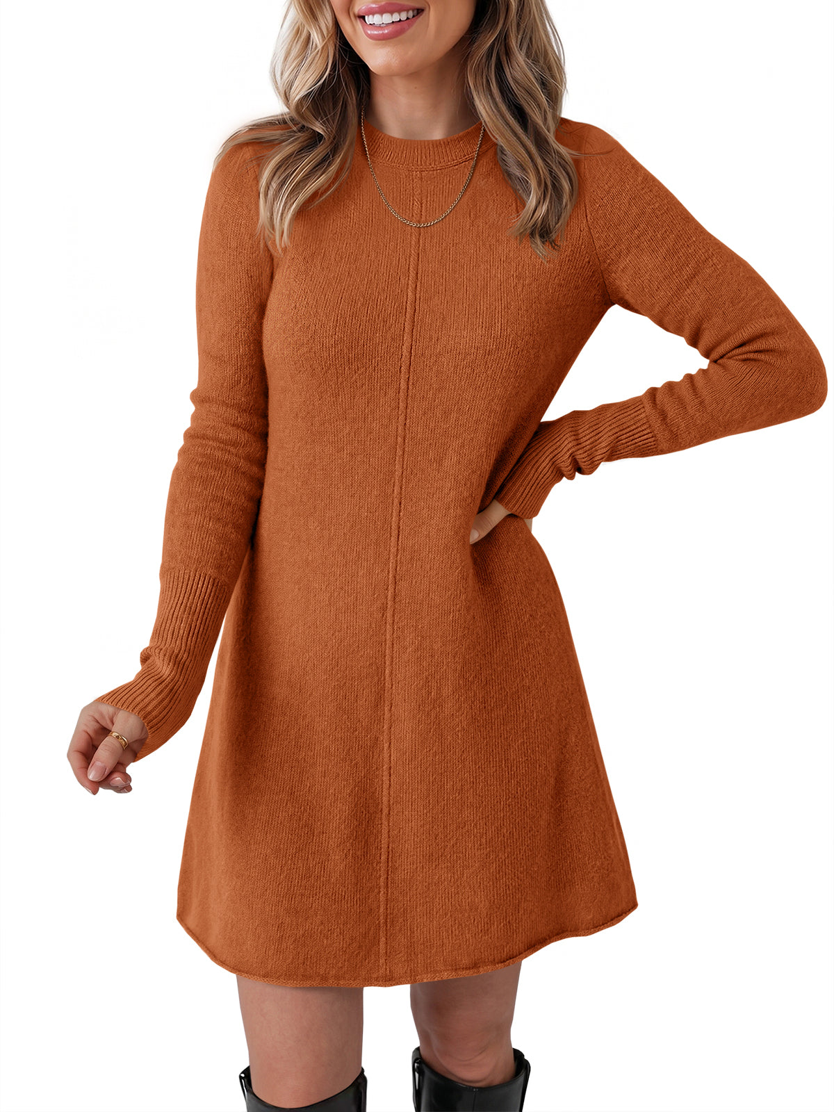 Saodimallsu Women Long Sleeve Knit Fit Flare Mini Sweater Dress
