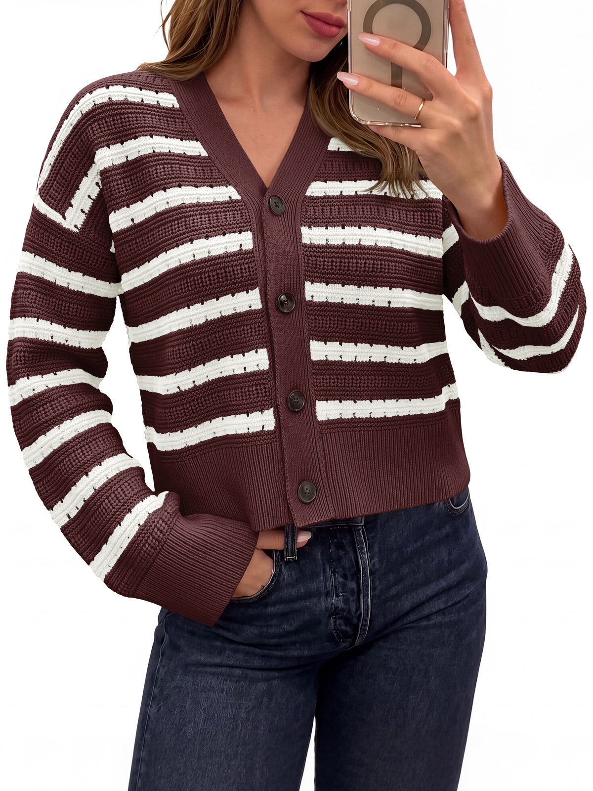 Saodimallsu Womens Striped Crochet Cardigan Tops