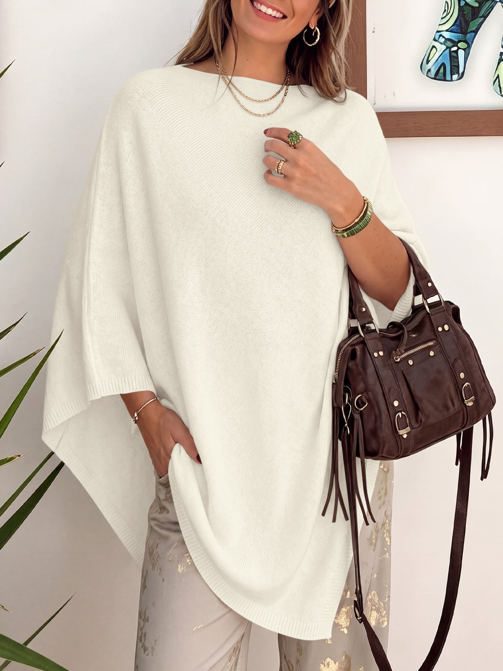 Saodimallsu Women Poncho Boat Neck Knit Sweater