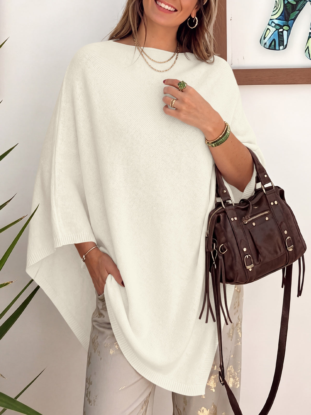 Saodimallsu Women Poncho Boat Neck Knit Sweater