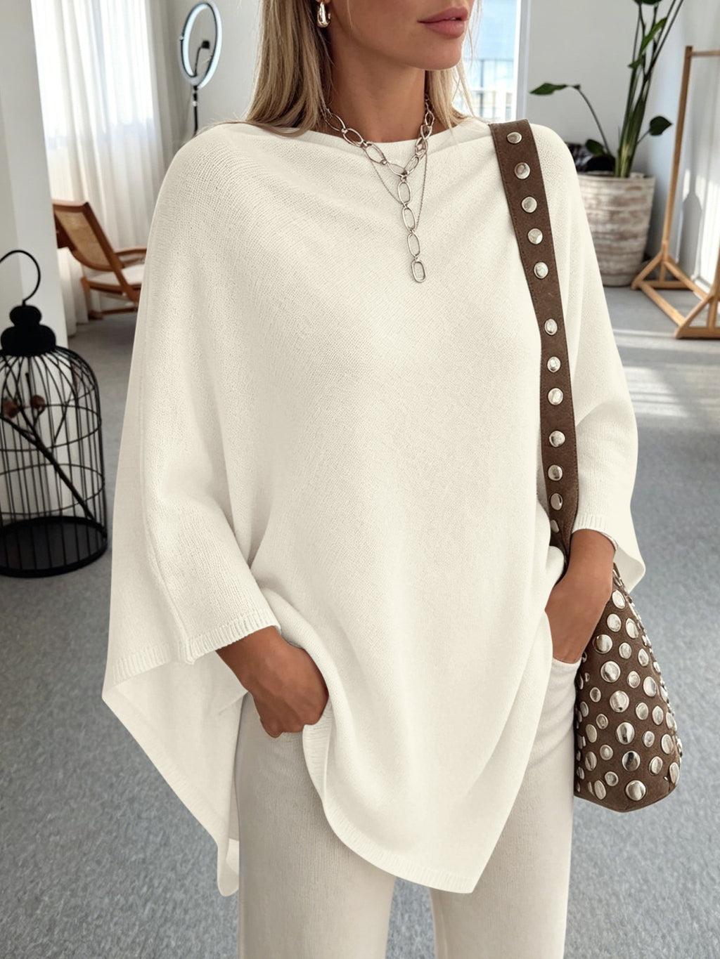 Saodimallsu Women Poncho Boat Neck Knit Sweater