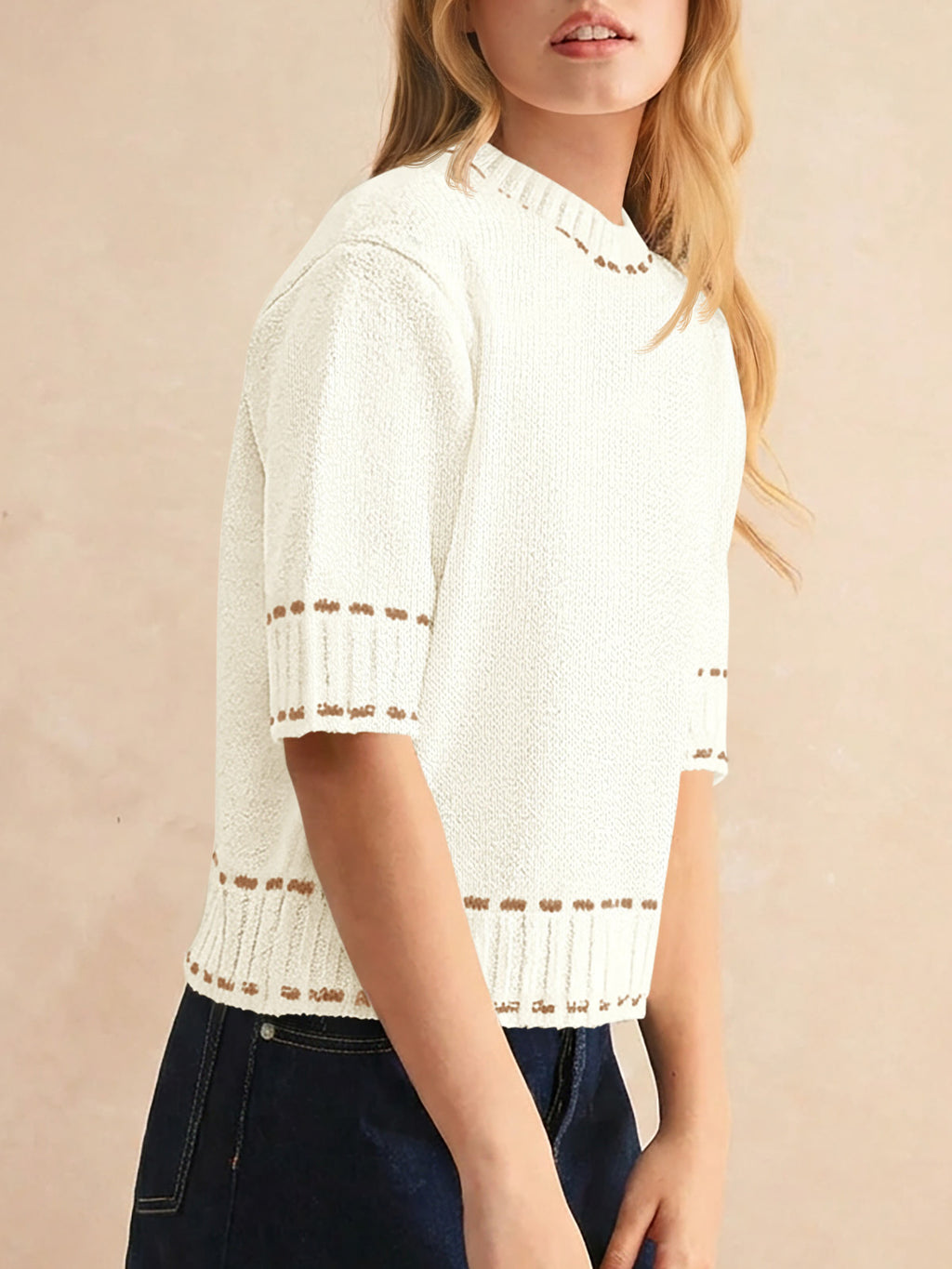 Saodimallsu Womens Cropped Crew Neck Knit Sweater