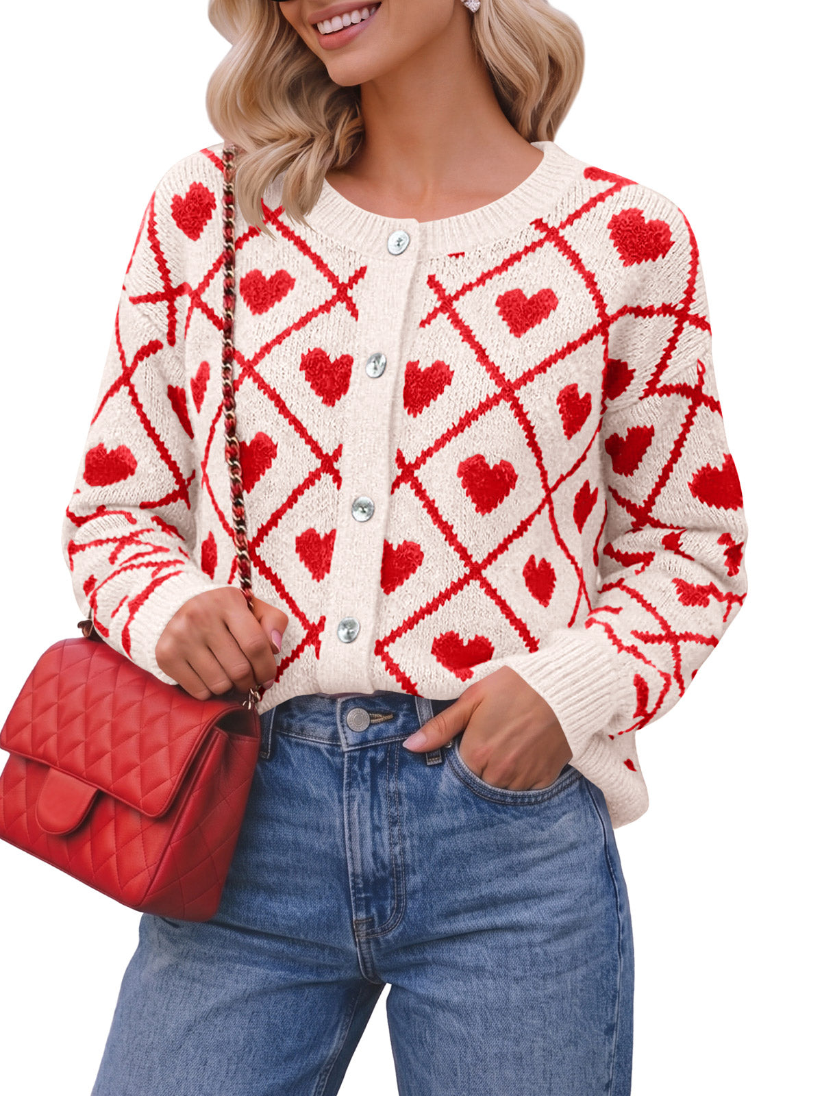 Saodimallsu Womens Heart Print Argyle Button Up Knit Cardigan Sweater