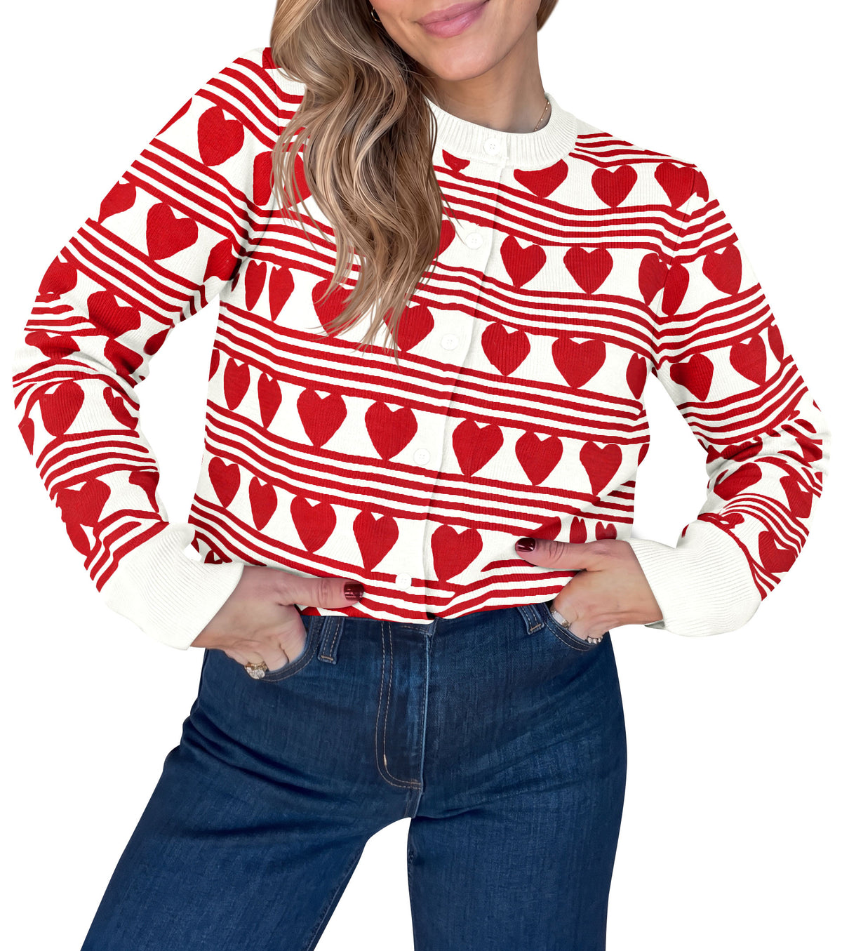 Saodimallsu Womens Heart Striped Color Block Button Up Cardigan Sweater