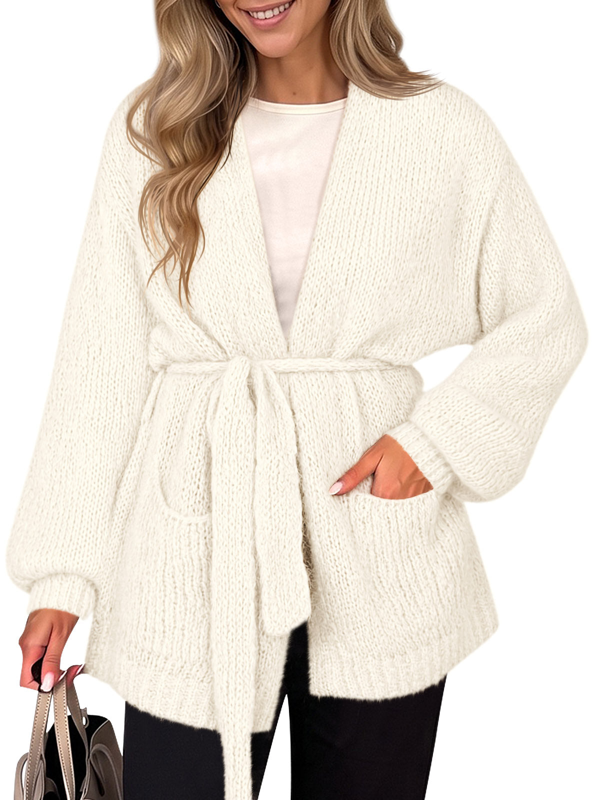 Saodimallsu Womens V Neck Belted Cardigan