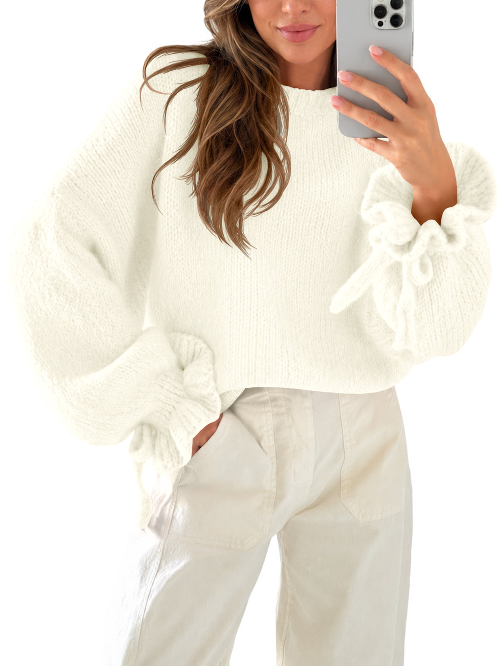 Saodimallsu Women Ruffle Long Sleeve Knit Sweater