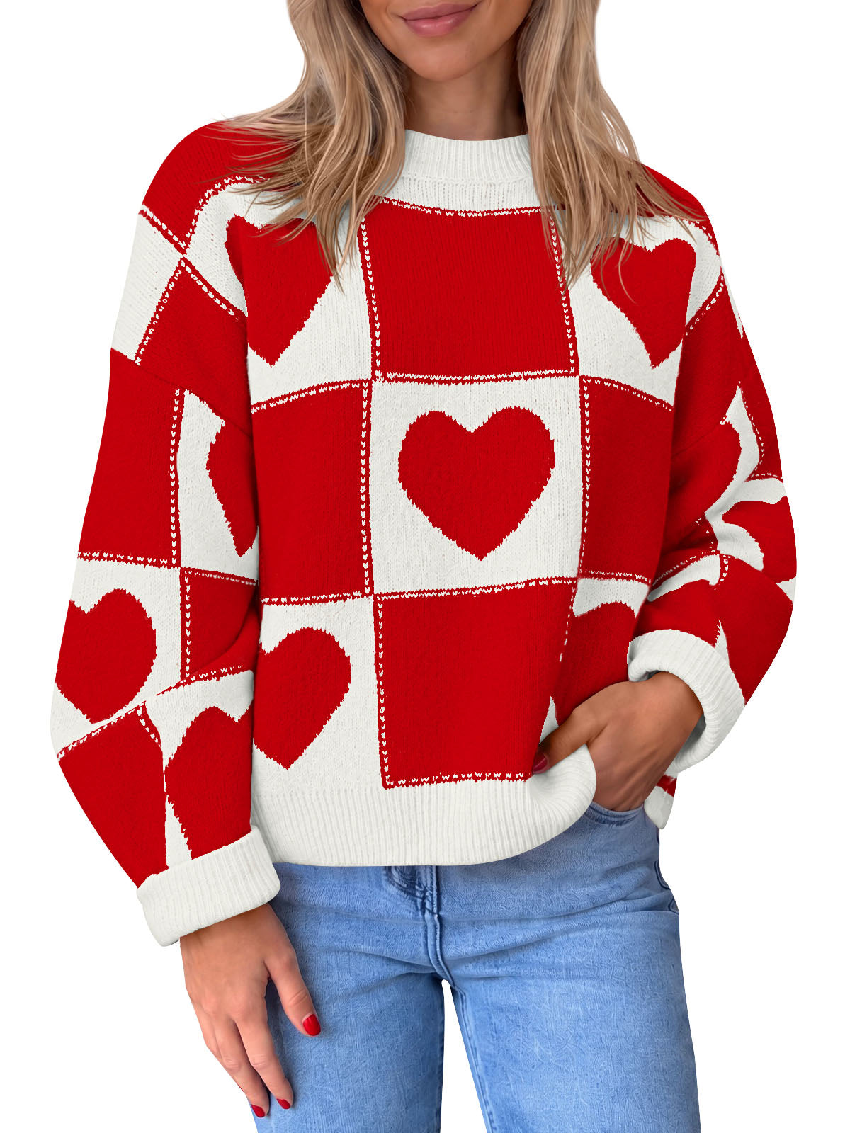 Saodimallsu Womens Heart Plaid Colorblock Crew Neck Long Sleeve Knit Pullover Sweater
