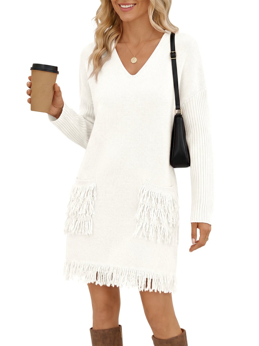 Saodimallsu Womens V Neck Sweater Dress