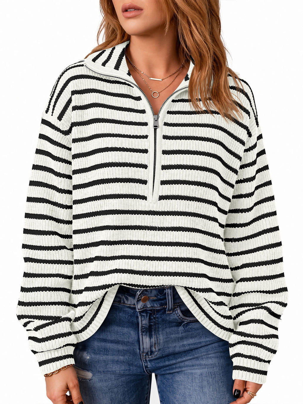 Saodimallsu Womens Striped Half Zip Sweater
