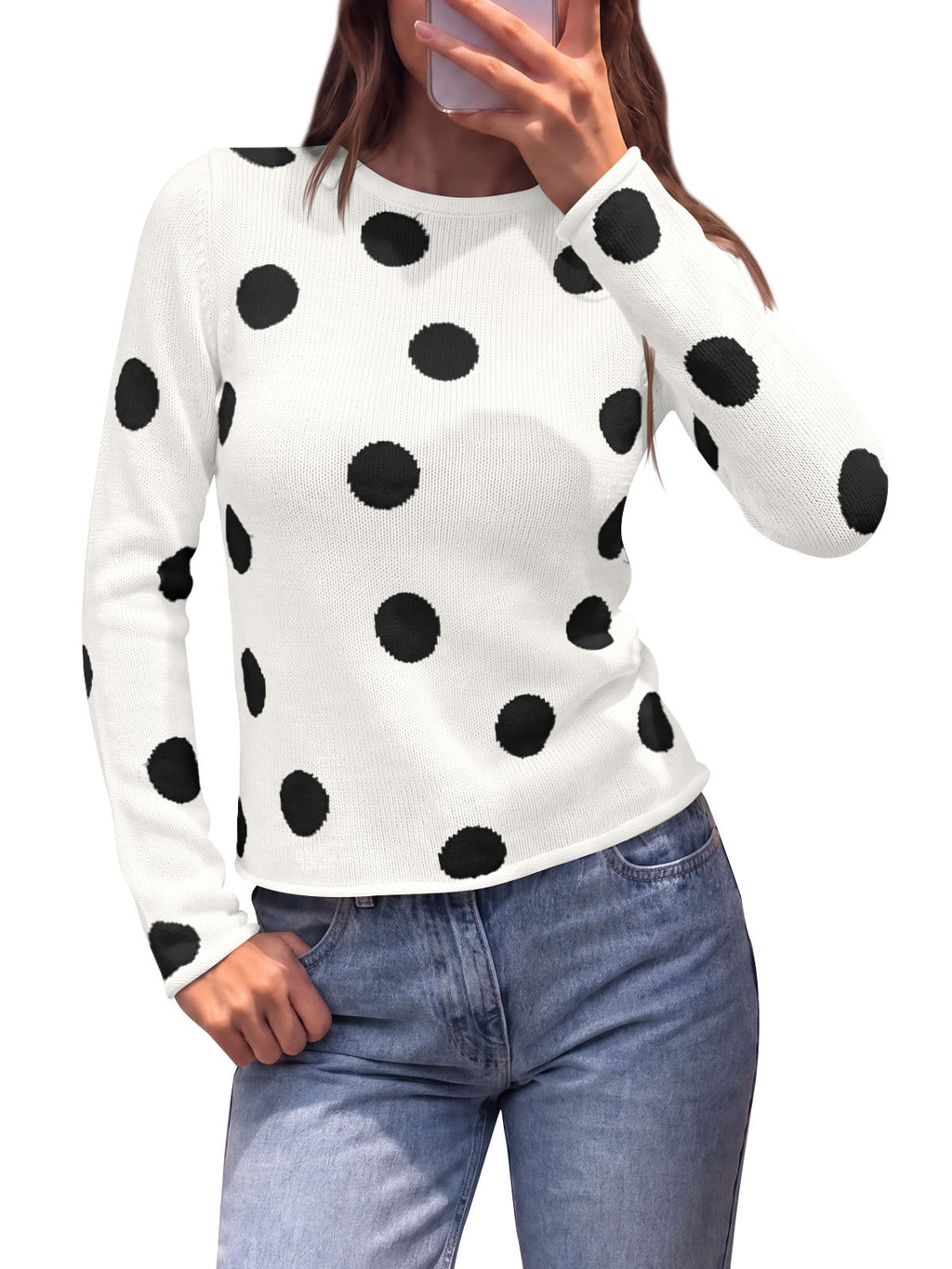 Saodimallsu Womens Polka Dot Long Sleeve Sweater