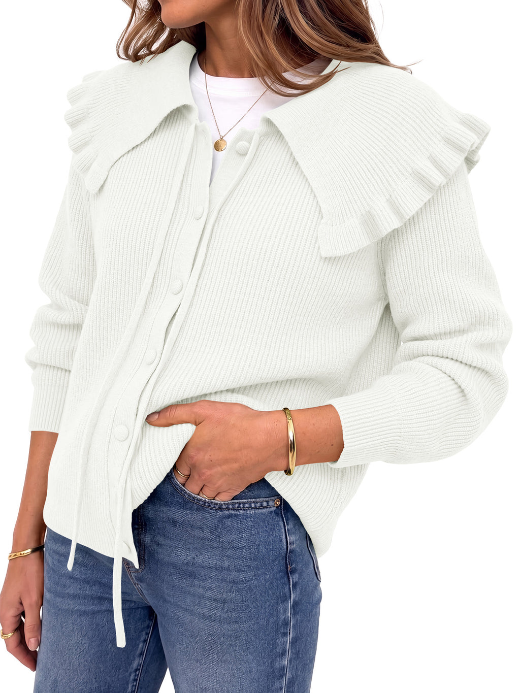 Saodimallsu Women Ruffle Collar Knit Cardigan