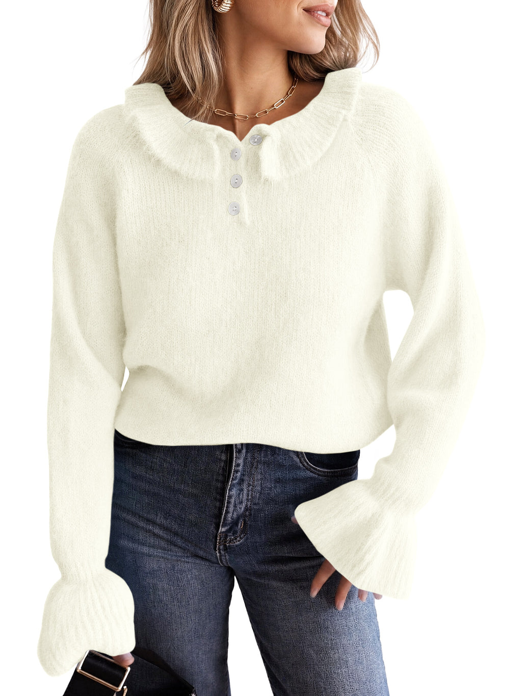 Saodimallsu Women Ruffle Collared Long Sleeve Sweater