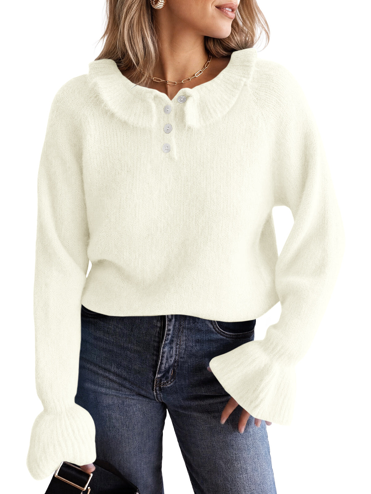Saodimallsu Women Ruffle Collared Long Sleeve Sweater