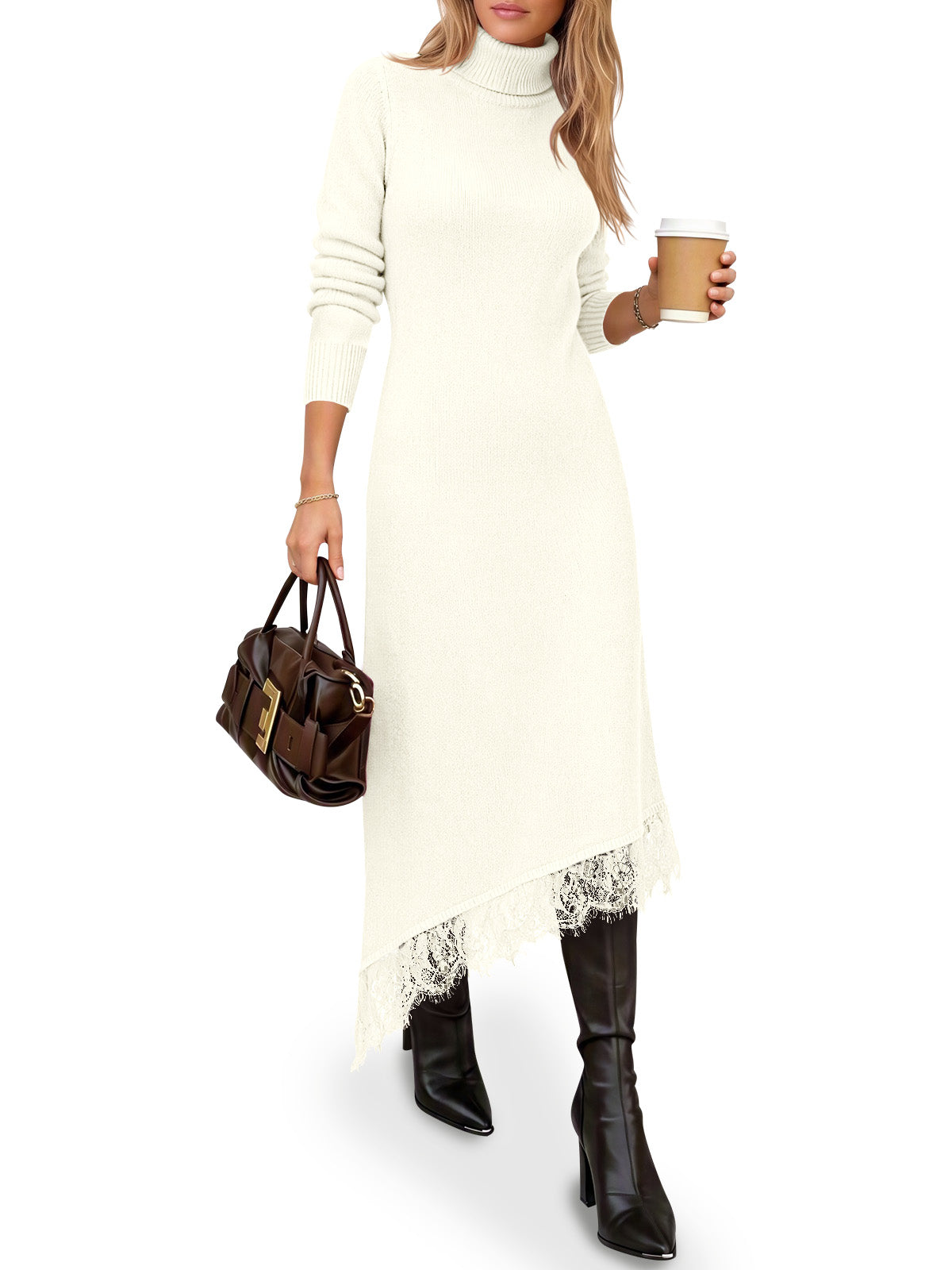 Saodimallsu Womens Lace Turtleneck Sweater Dress