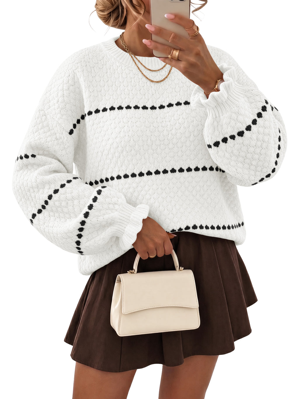 Saodimallsu Womens Heart Striped Ruffle Sweaters