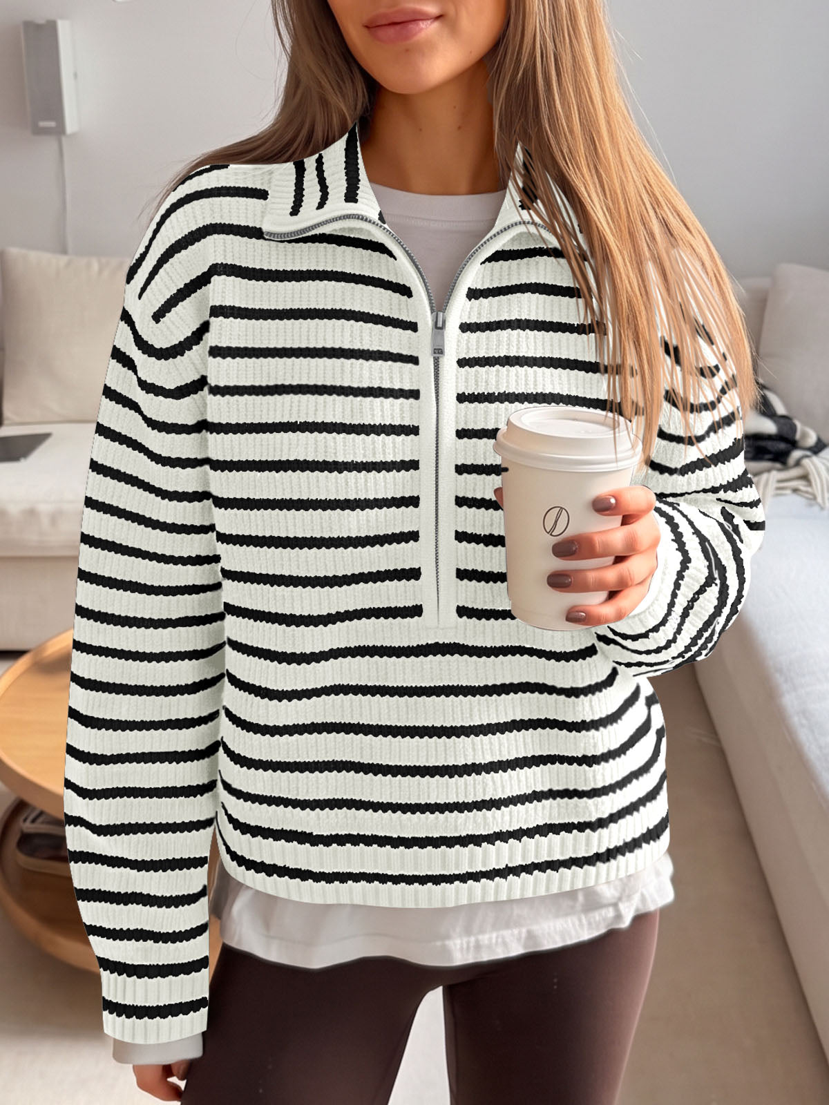 Saodimallsu Womens Striped Half Zip Sweater