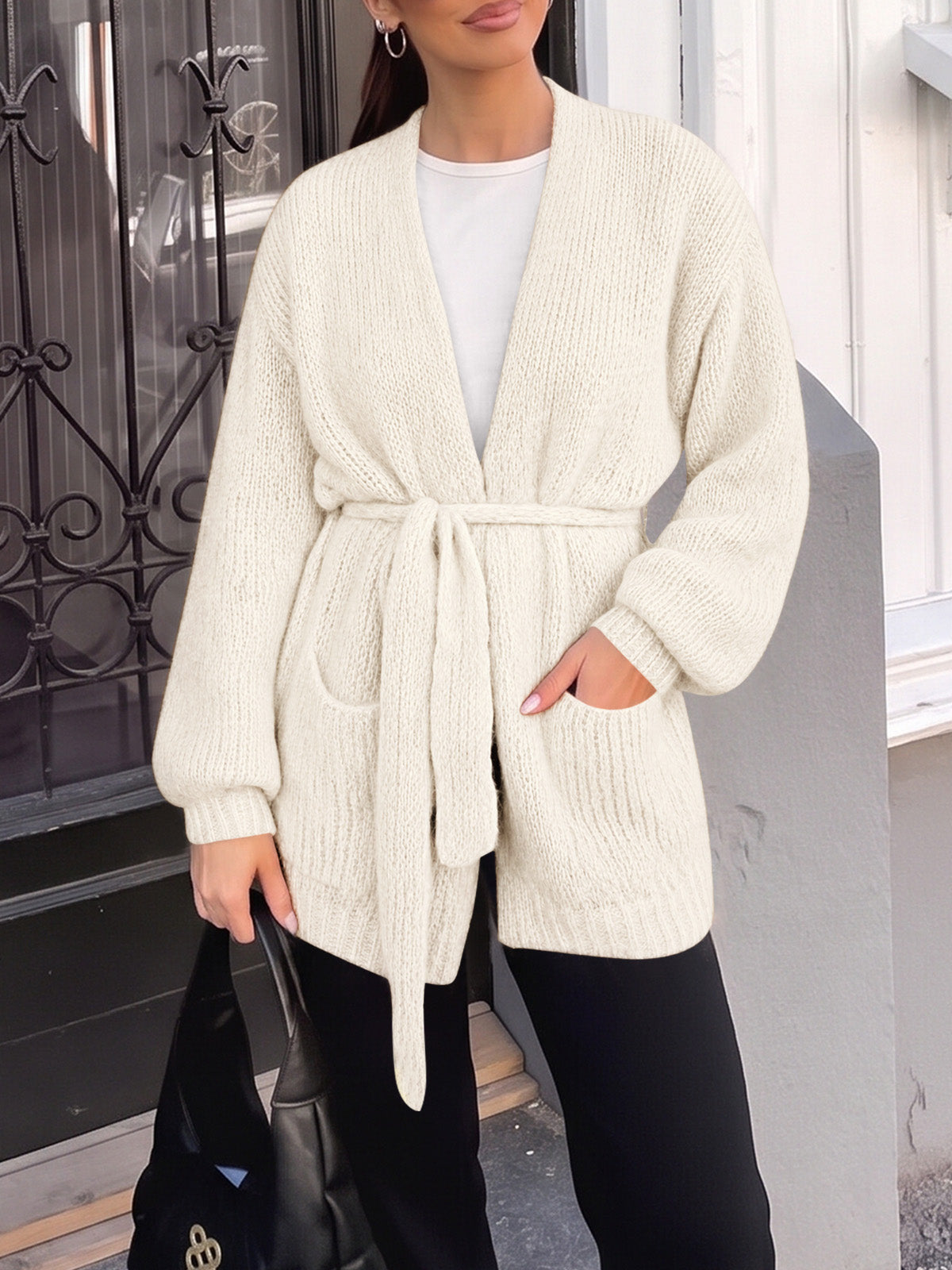 Saodimallsu Womens V Neck Belted Cardigan
