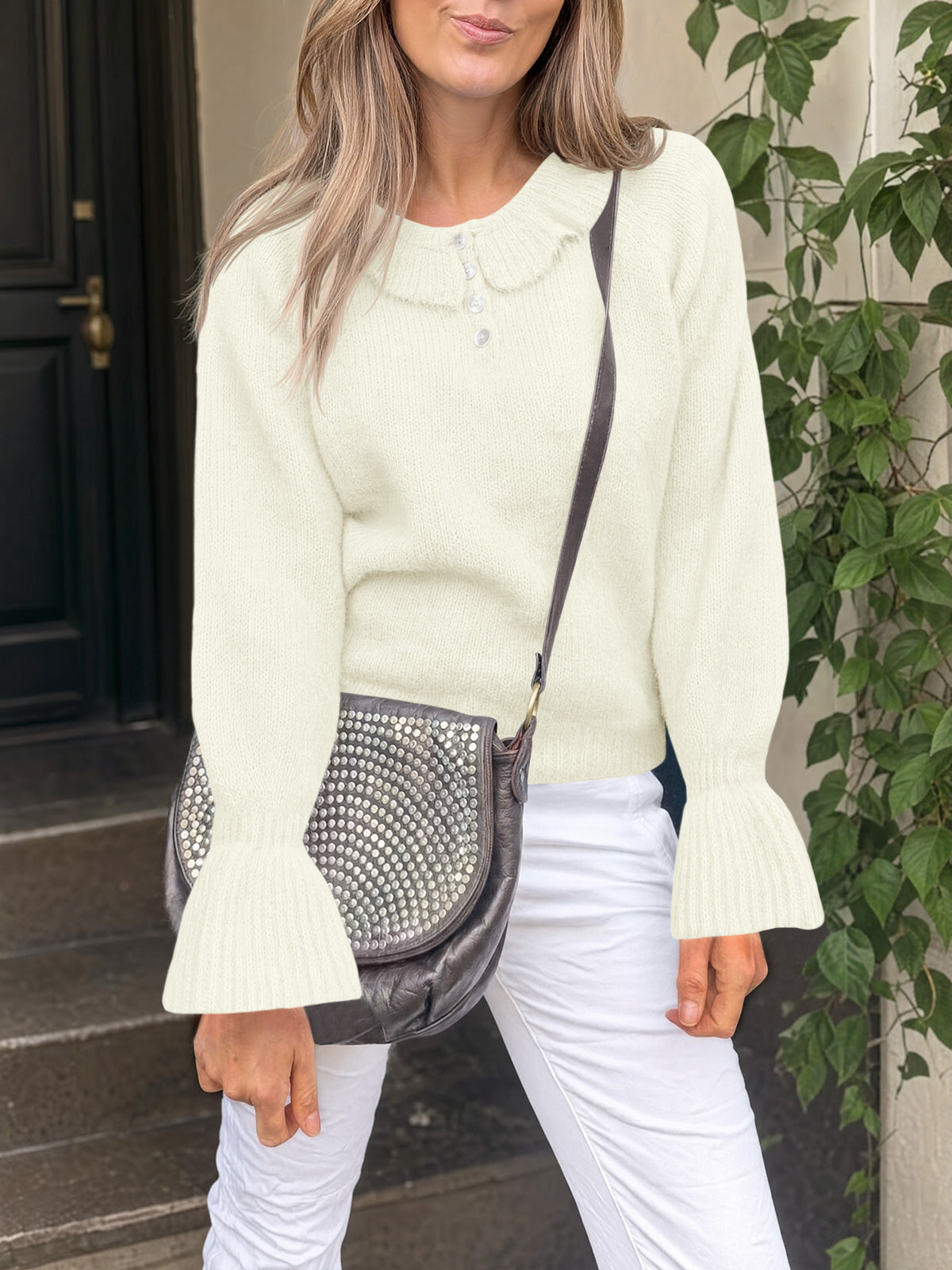 Saodimallsu Women Ruffle Collared Long Sleeve Sweater