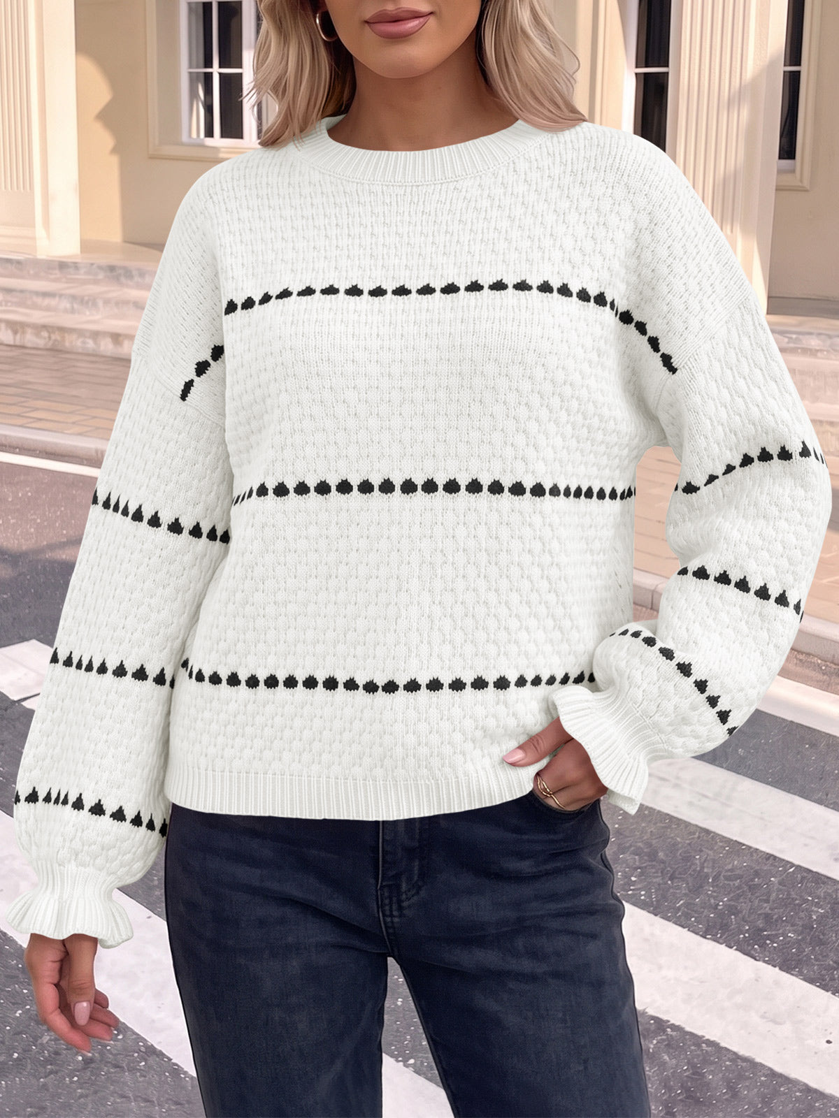 Saodimallsu Womens Heart Striped Ruffle Sweaters