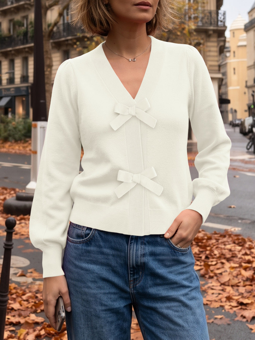 Saodimallsu Women V Neck Bow Knit Cardigan