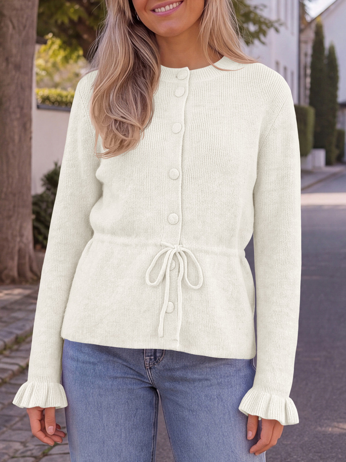 Saodimallsu Womens Ruffle Sleeve Button Tie Cardigans