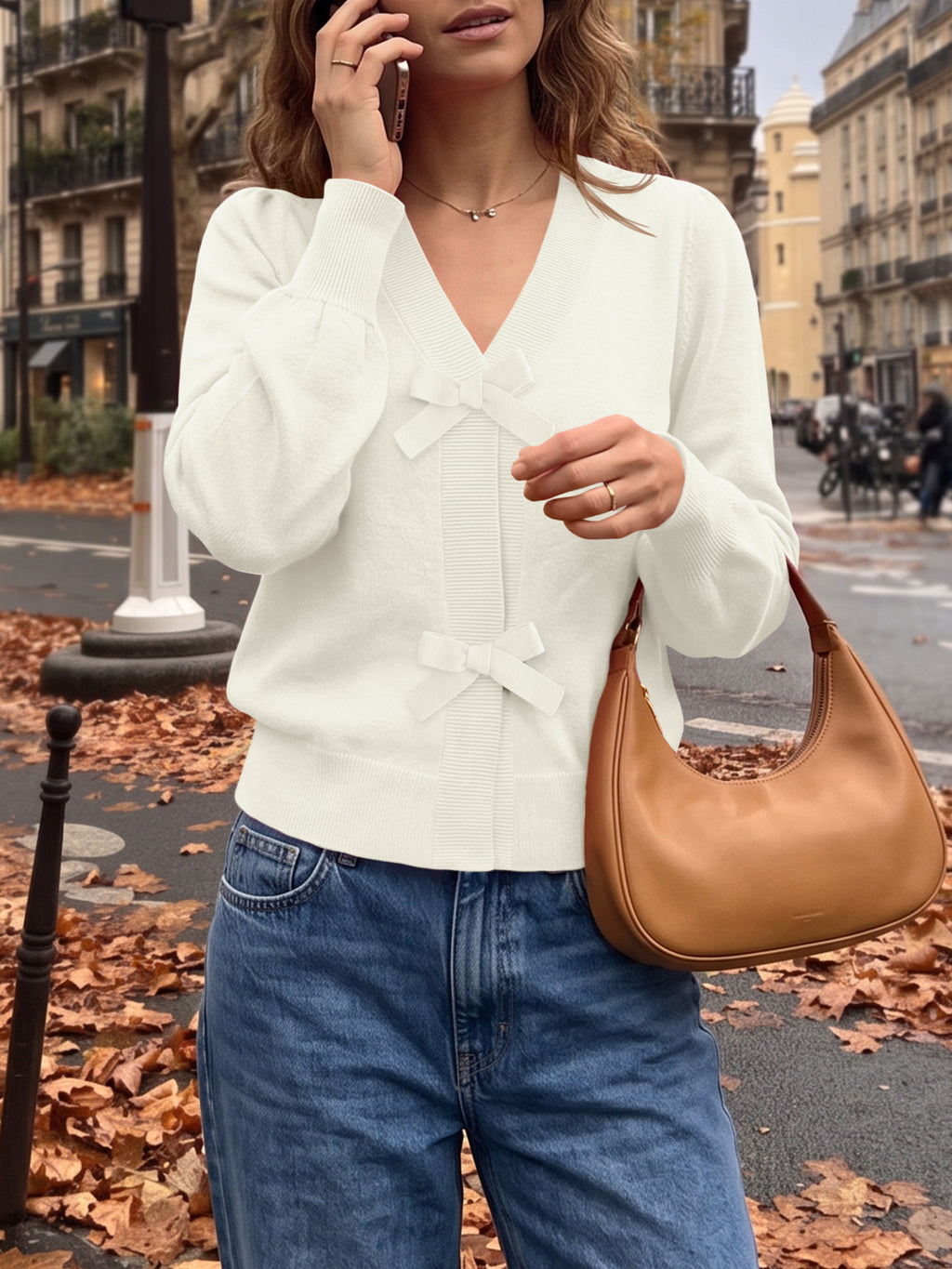 Saodimallsu Women V Neck Bow Knit Cardigan