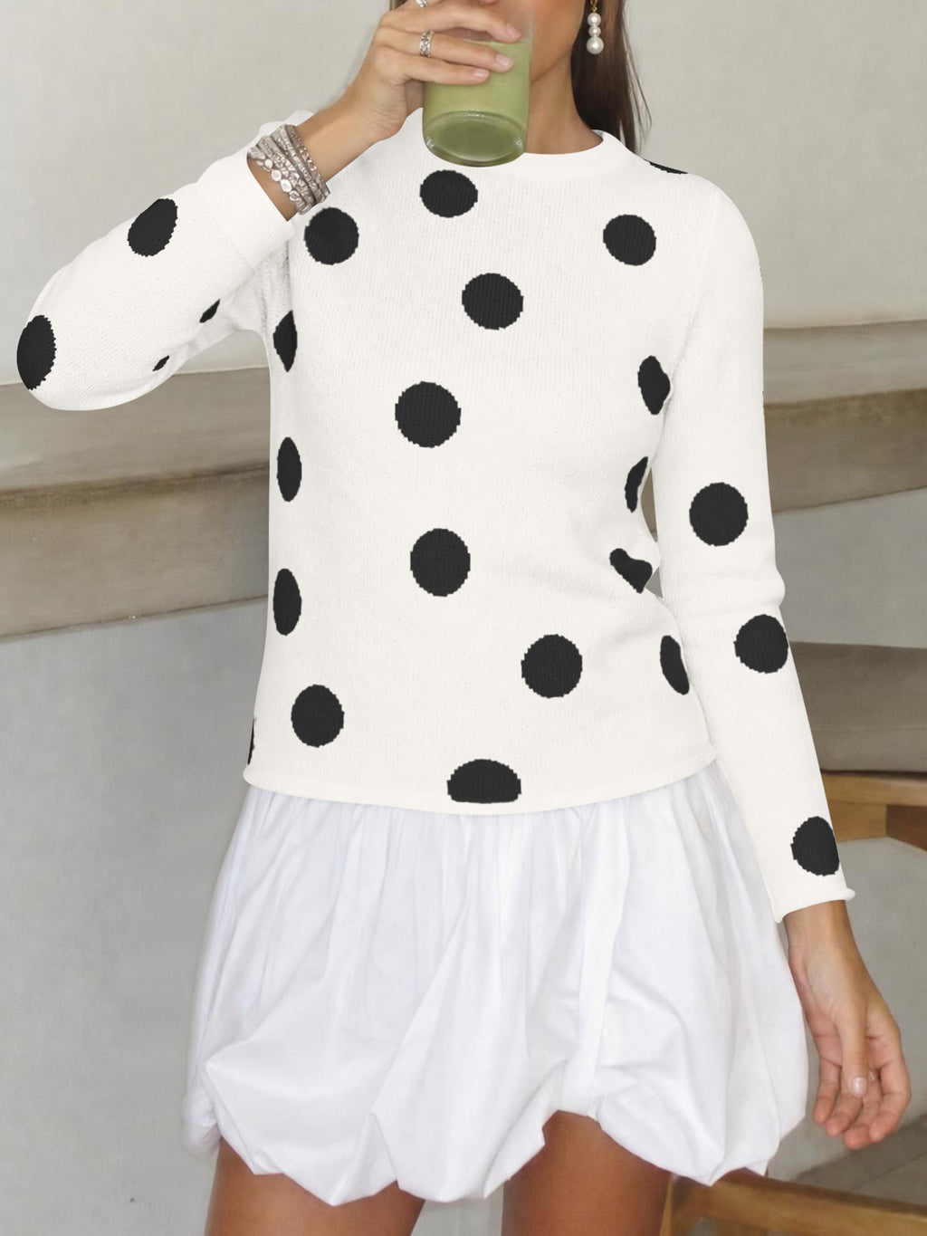 Saodimallsu Womens Polka Dot Long Sleeve Sweater