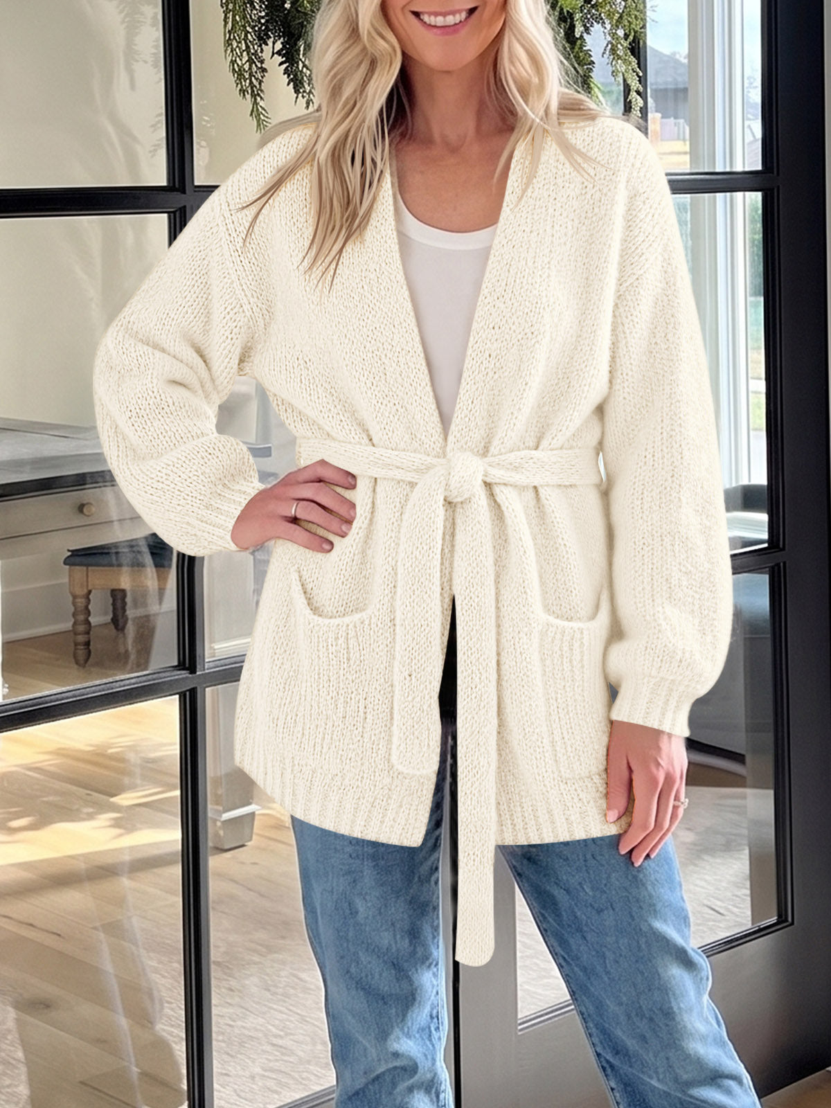 Saodimallsu Womens V Neck Belted Cardigan