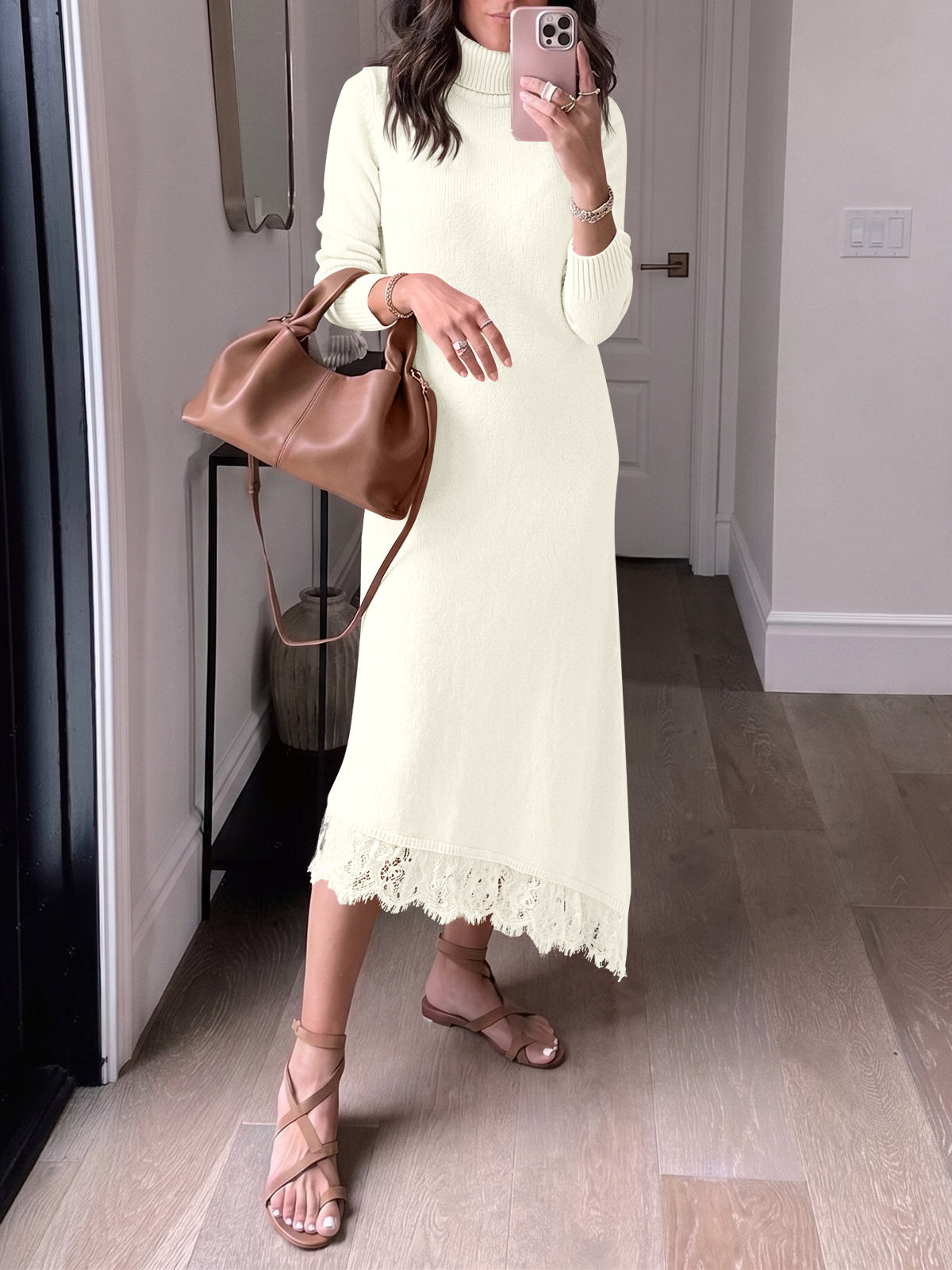 Saodimallsu Womens Lace Turtleneck Sweater Dress