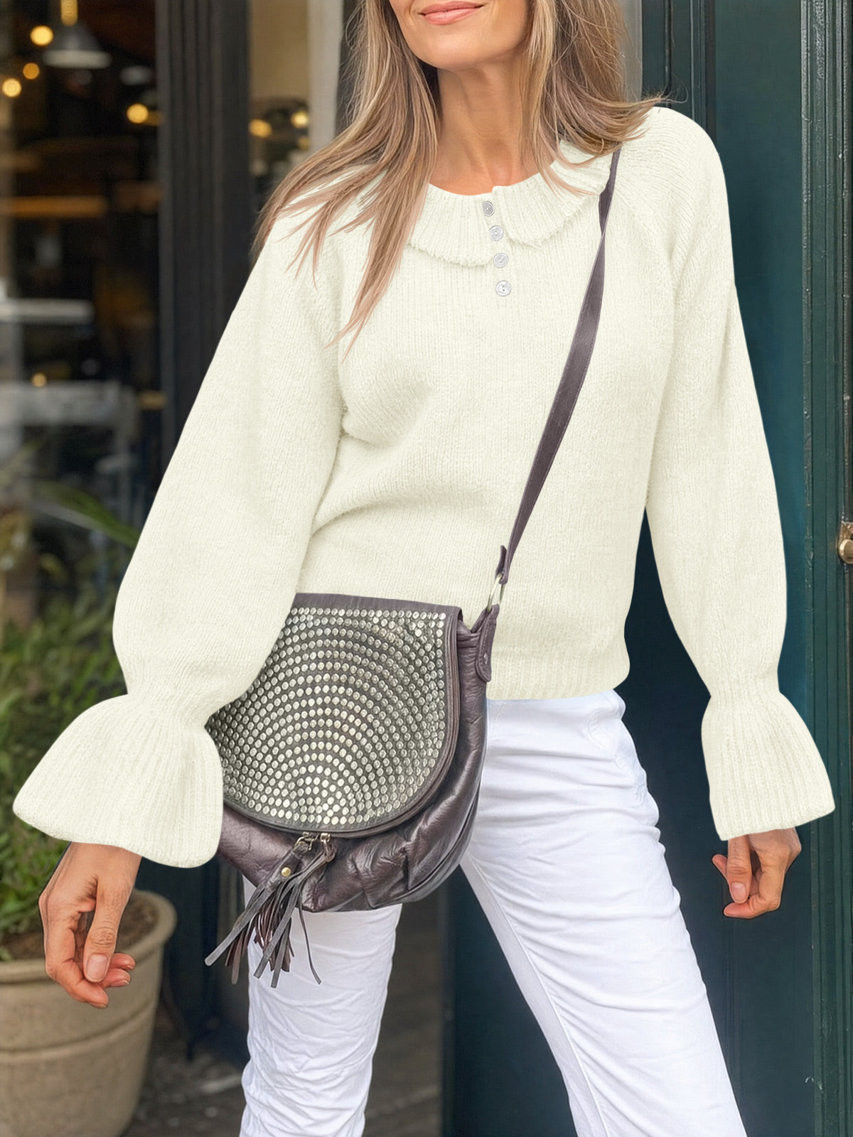 Saodimallsu Women Ruffle Collared Long Sleeve Sweater