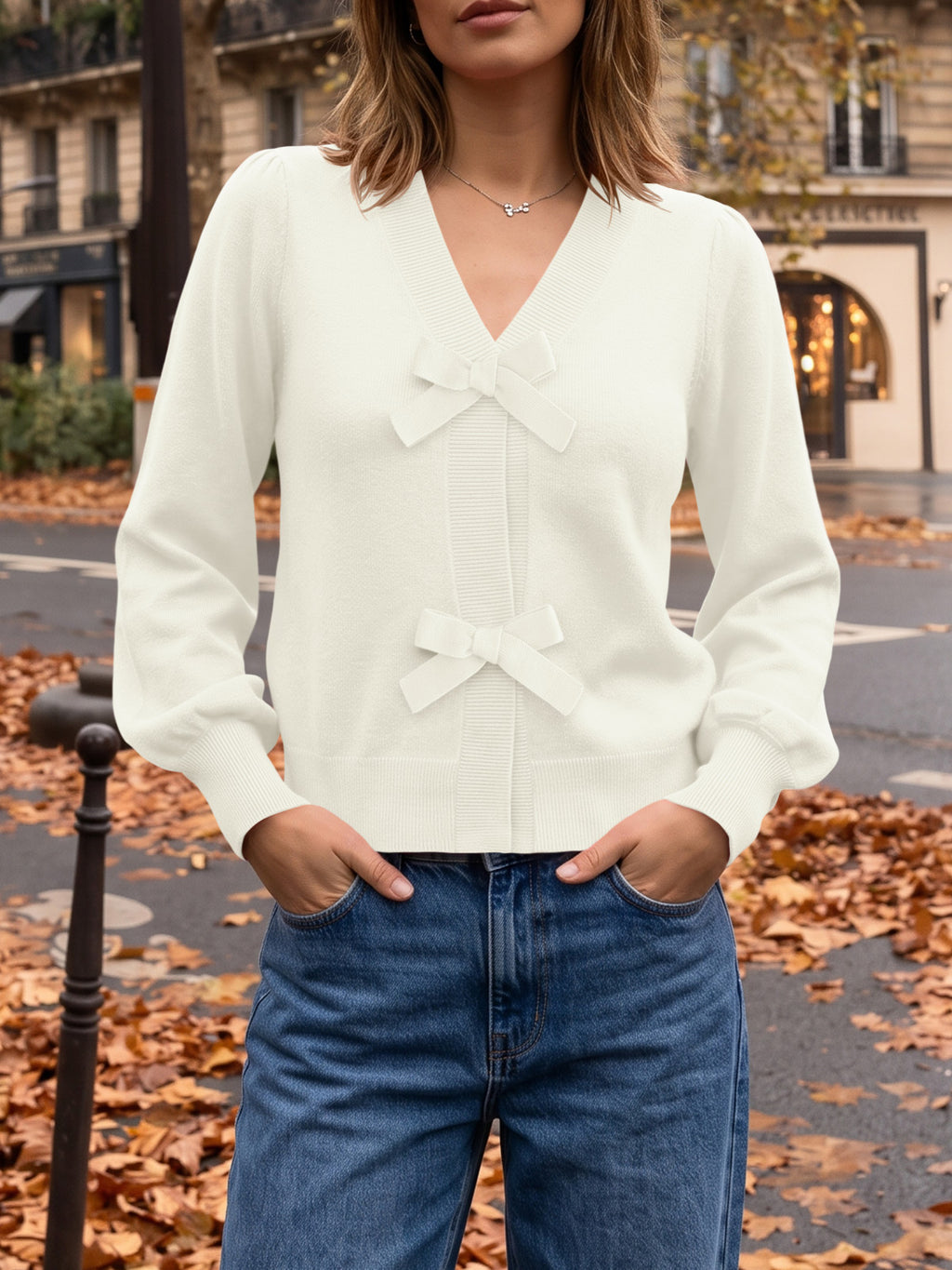 Saodimallsu Women V Neck Bow Knit Cardigan
