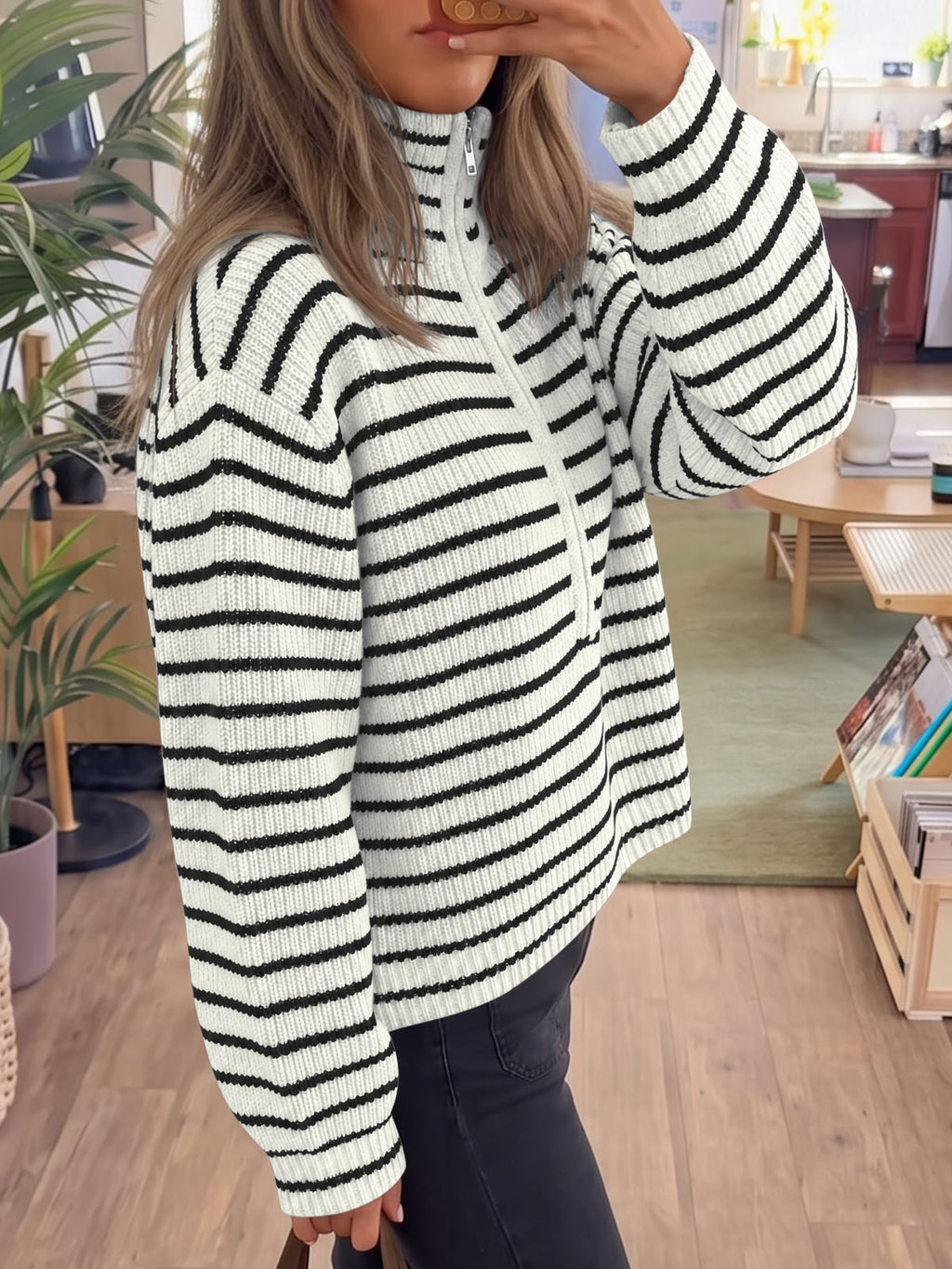 Saodimallsu Womens Striped Half Zip Sweater