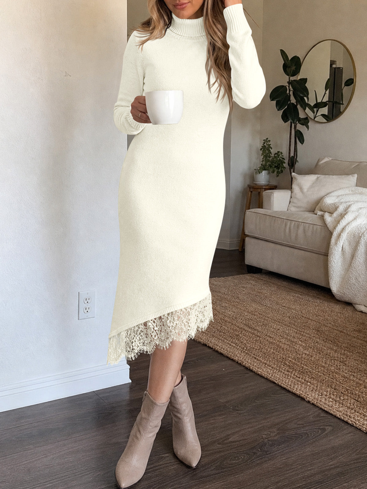 Saodimallsu Womens Lace Turtleneck Sweater Dress