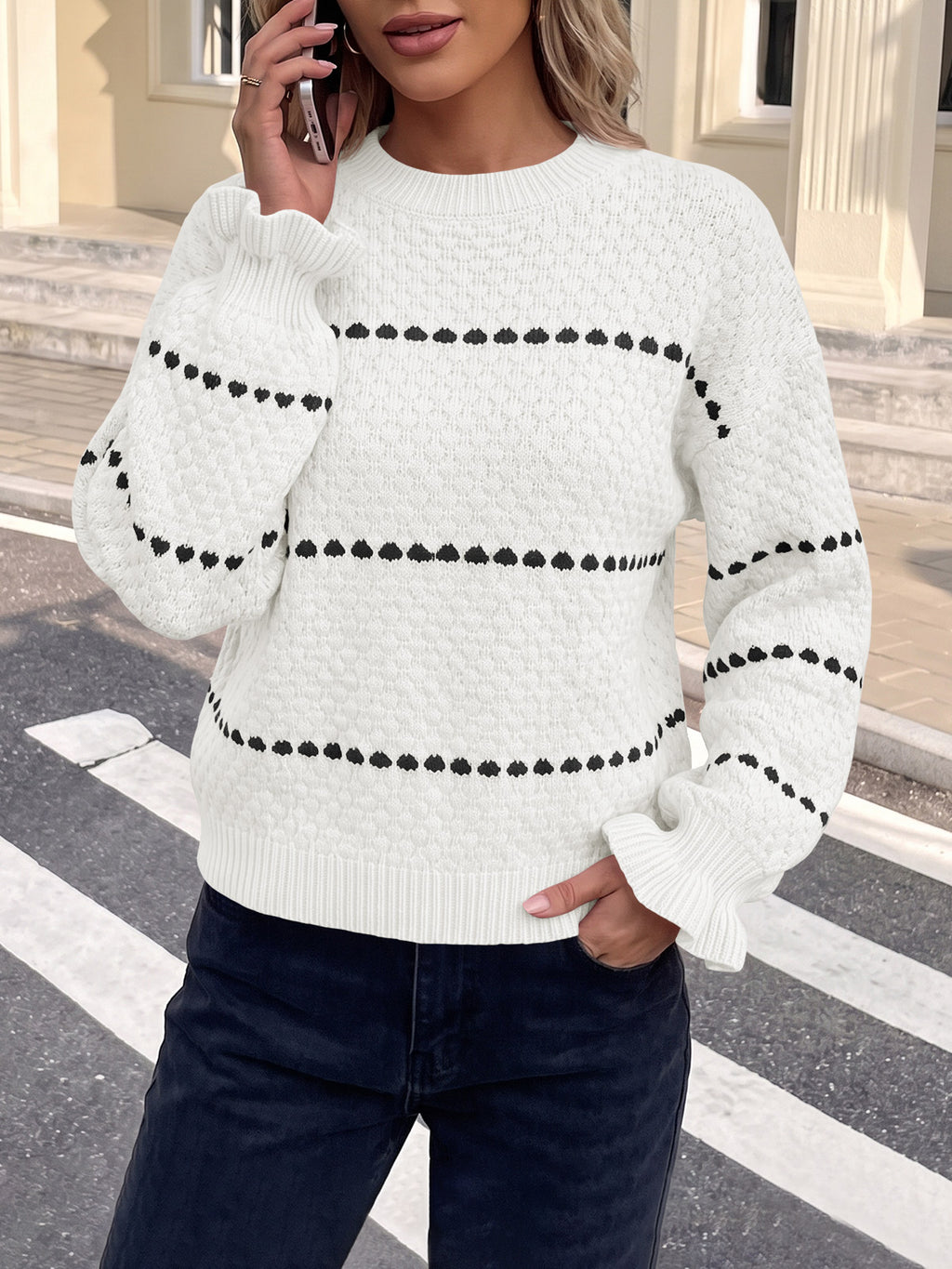 Saodimallsu Womens Heart Striped Ruffle Sweaters