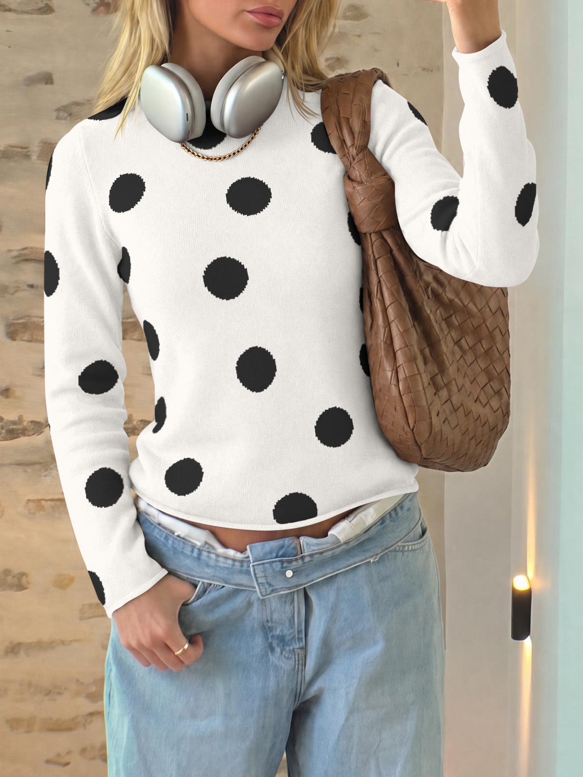Saodimallsu Womens Polka Dot Long Sleeve Sweater