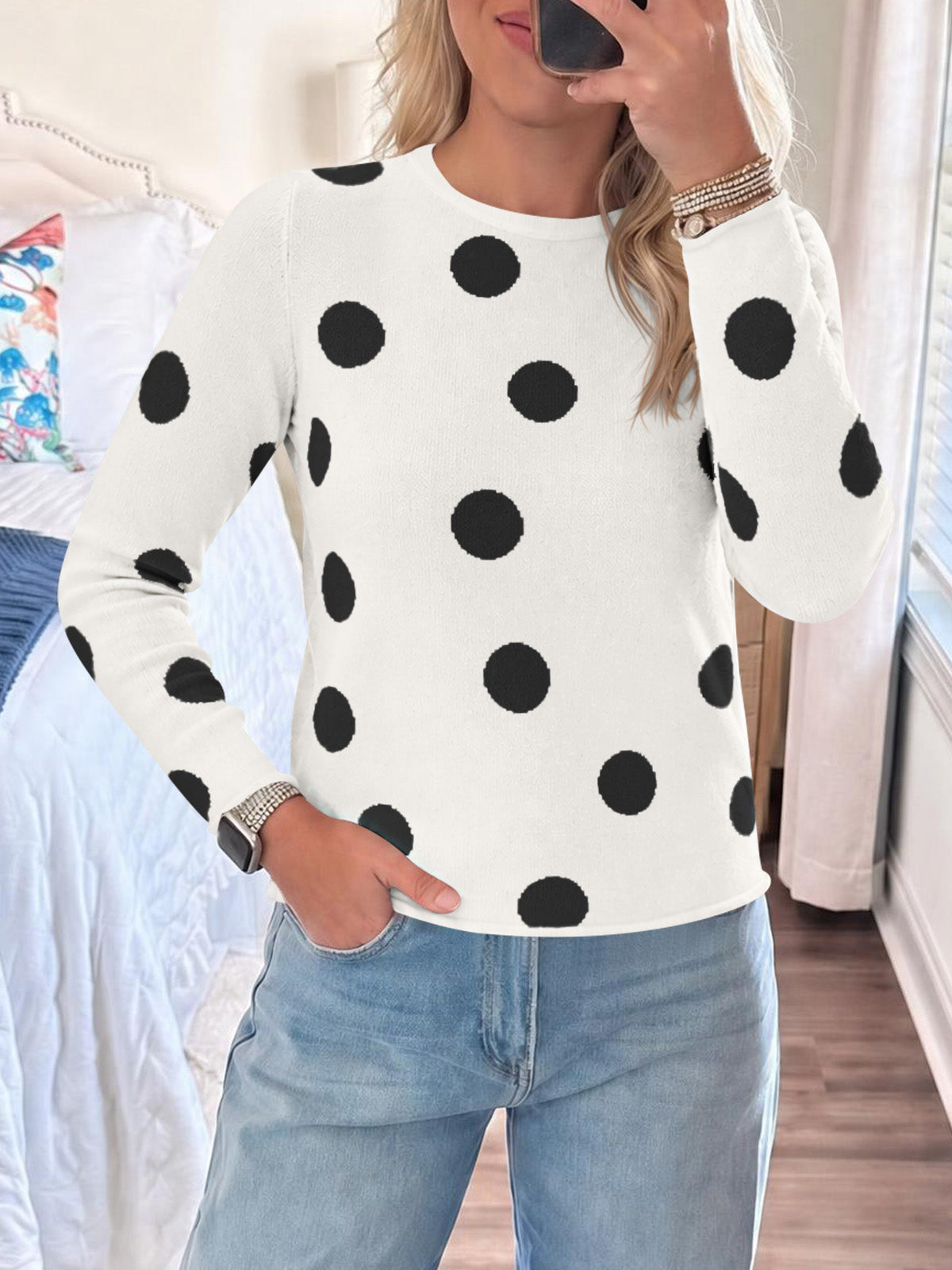 Saodimallsu Womens Polka Dot Long Sleeve Sweater