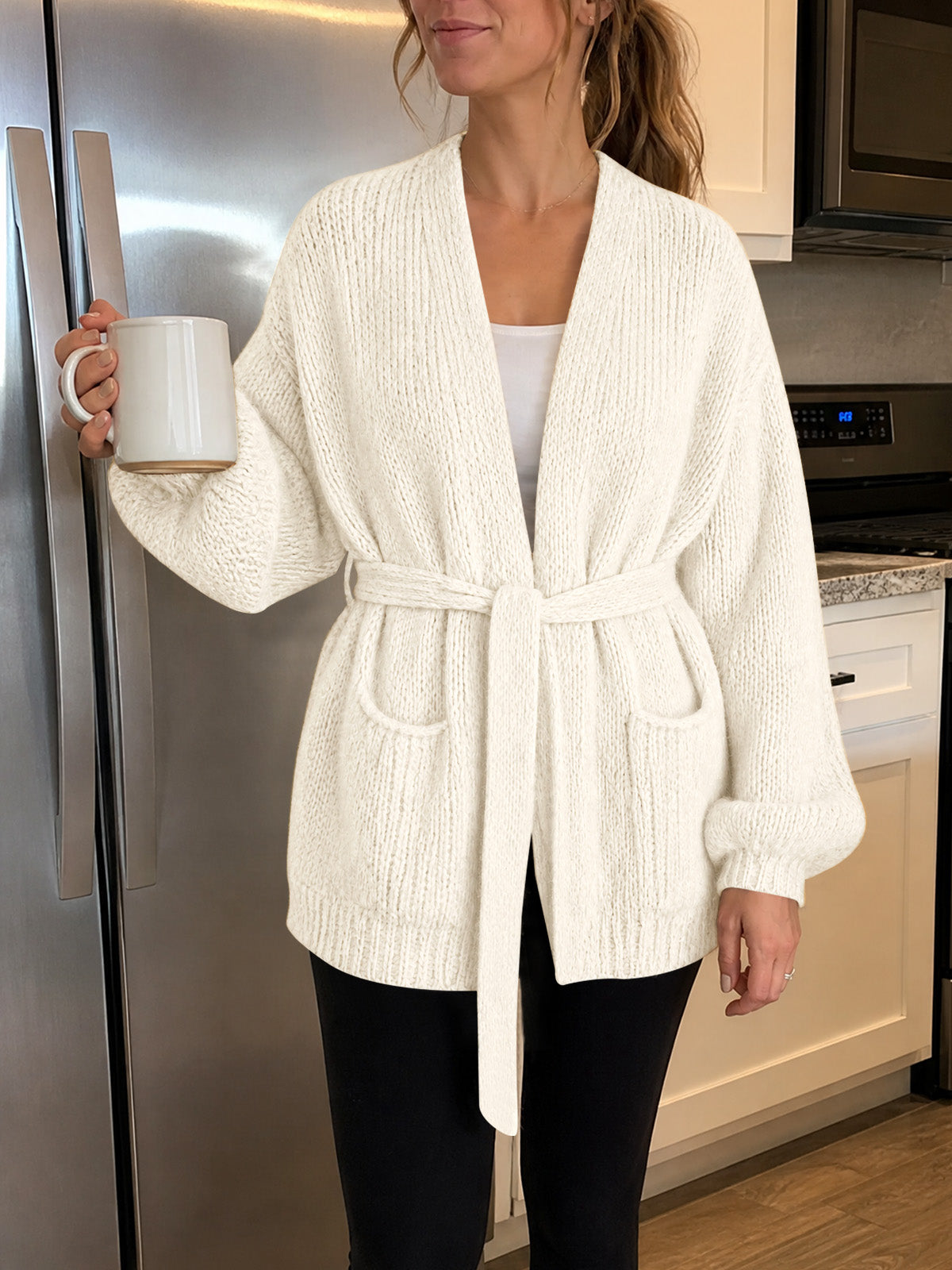 Saodimallsu Womens V Neck Belted Cardigan