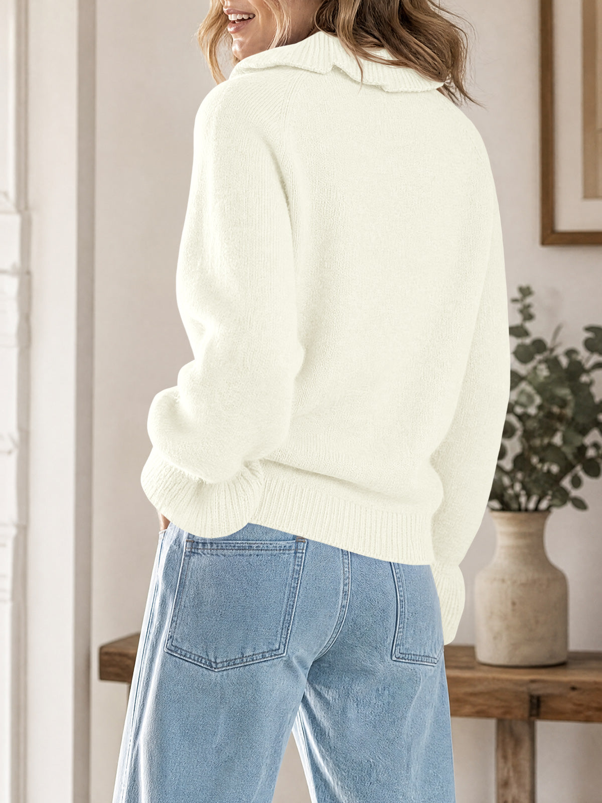 Saodimallsu Women Ruffle Collared Long Sleeve Sweater