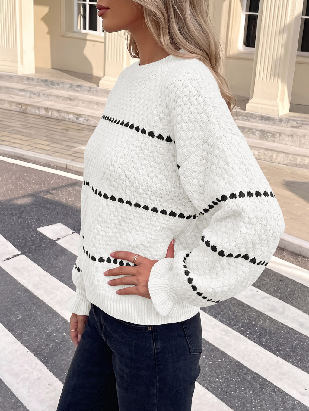 Saodimallsu Womens Heart Striped Ruffle Sweaters