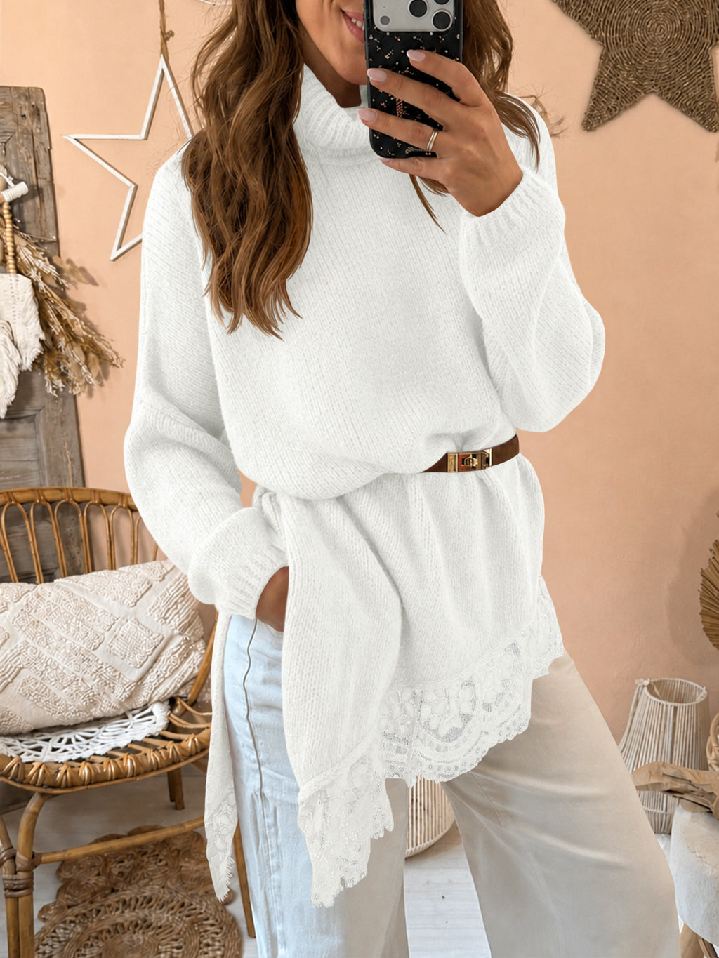 Saodimallsu Womens Oversized Batwing Sleeve Turtleneck Sweater