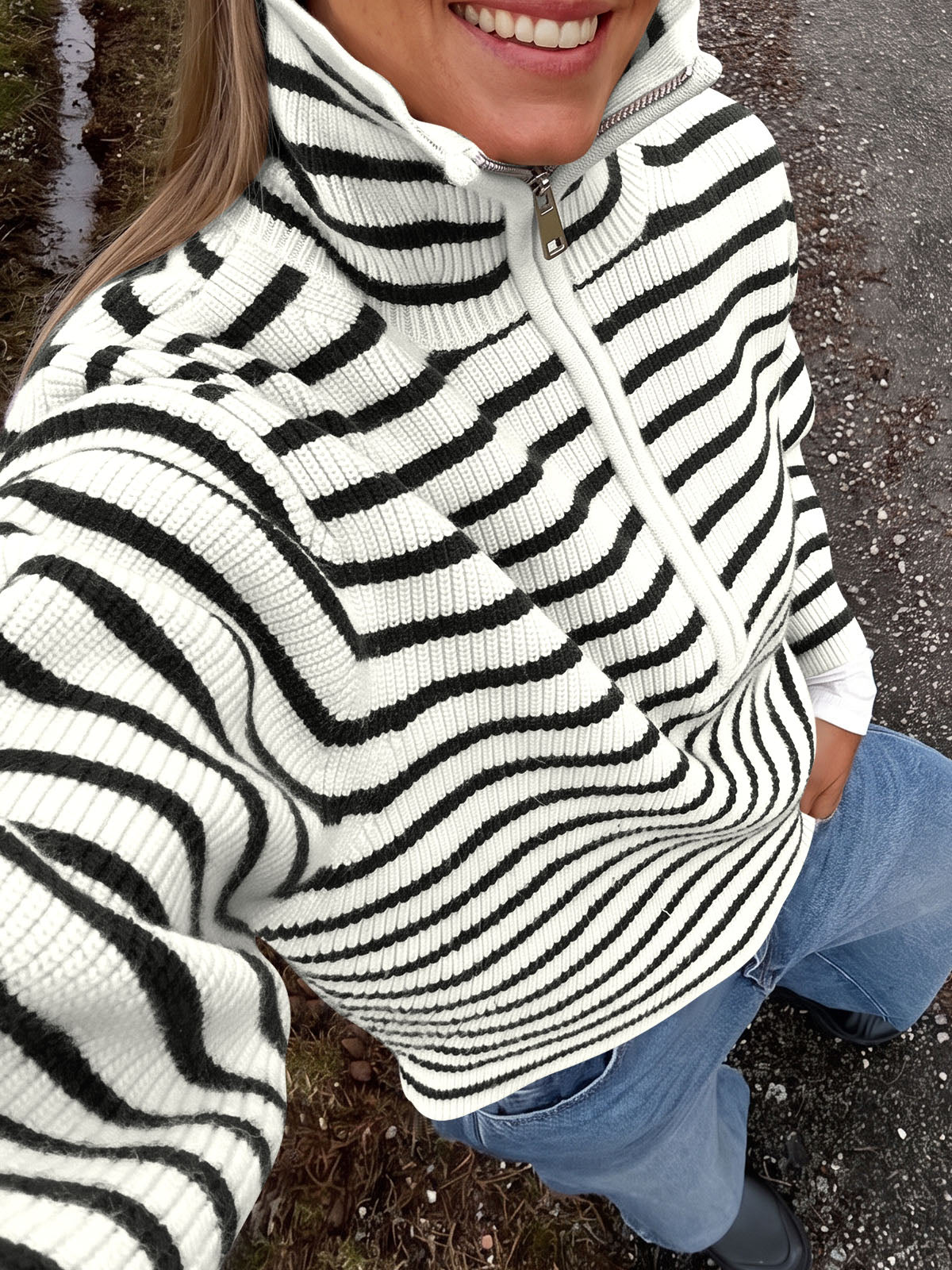 Saodimallsu Womens Striped Half Zip Sweater