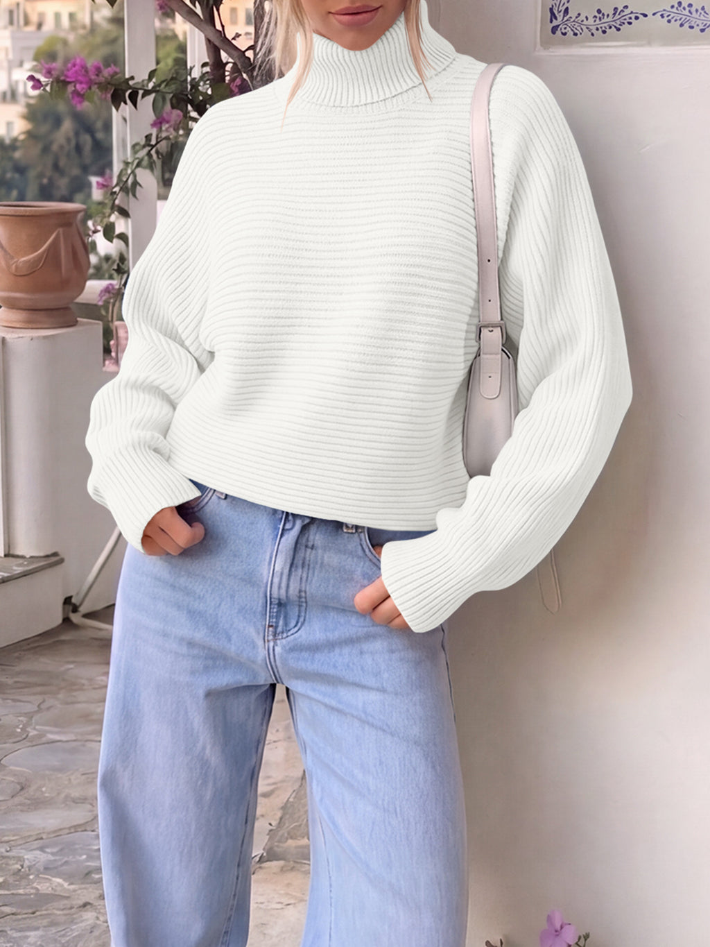 Saodimallsu Womens Batwing Sleeve Knit Turtleneck Sweater