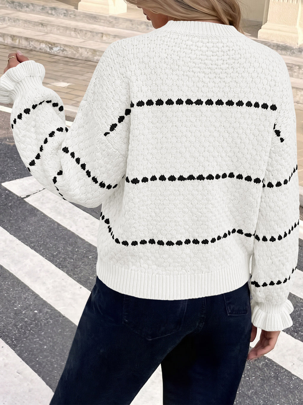 Saodimallsu Womens Heart Striped Ruffle Sweaters
